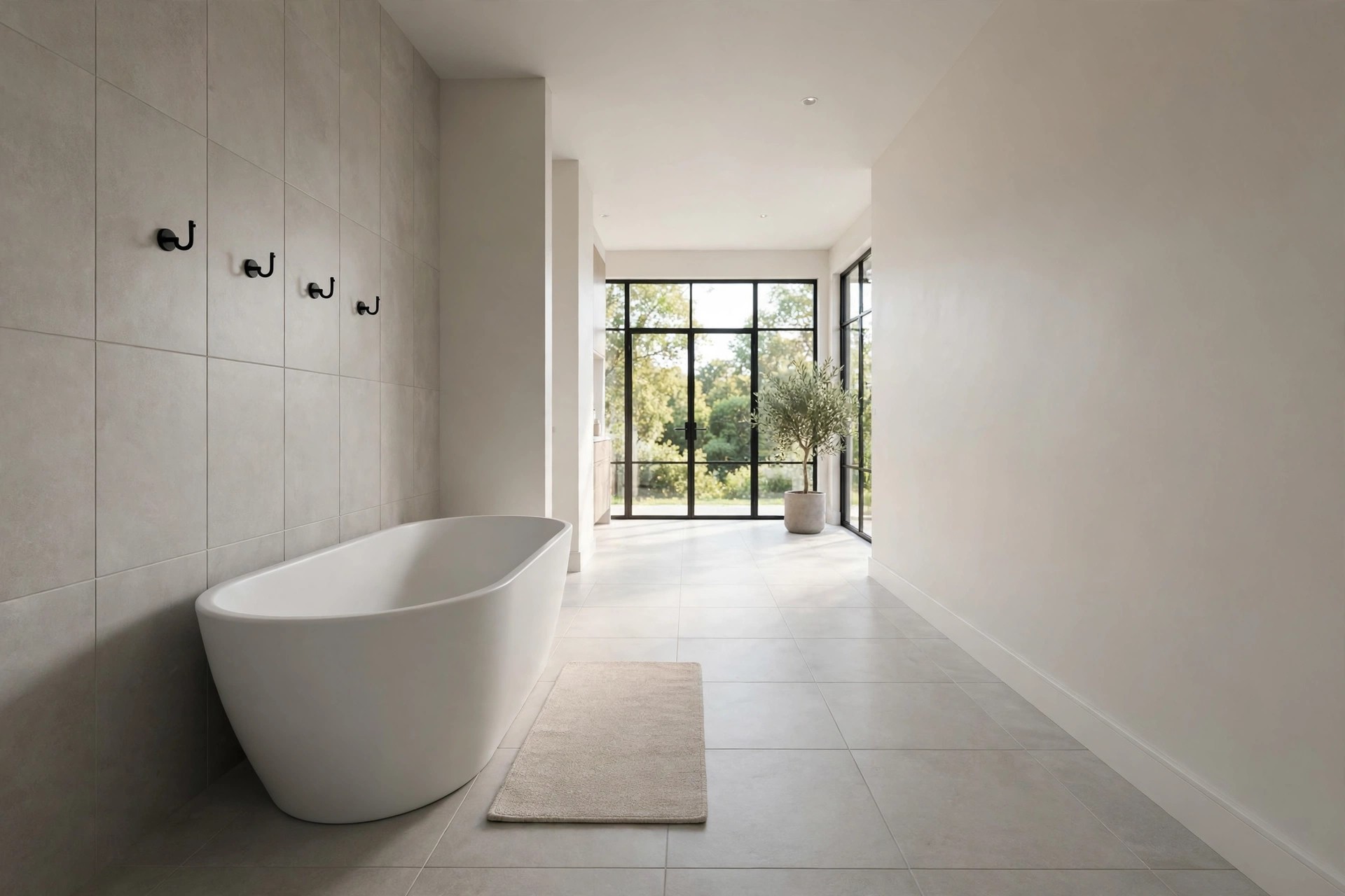 Long bathroom with a white freestanding tub lengthwise along the left tiled wall, towel hooks above it and a clear walkway on the right