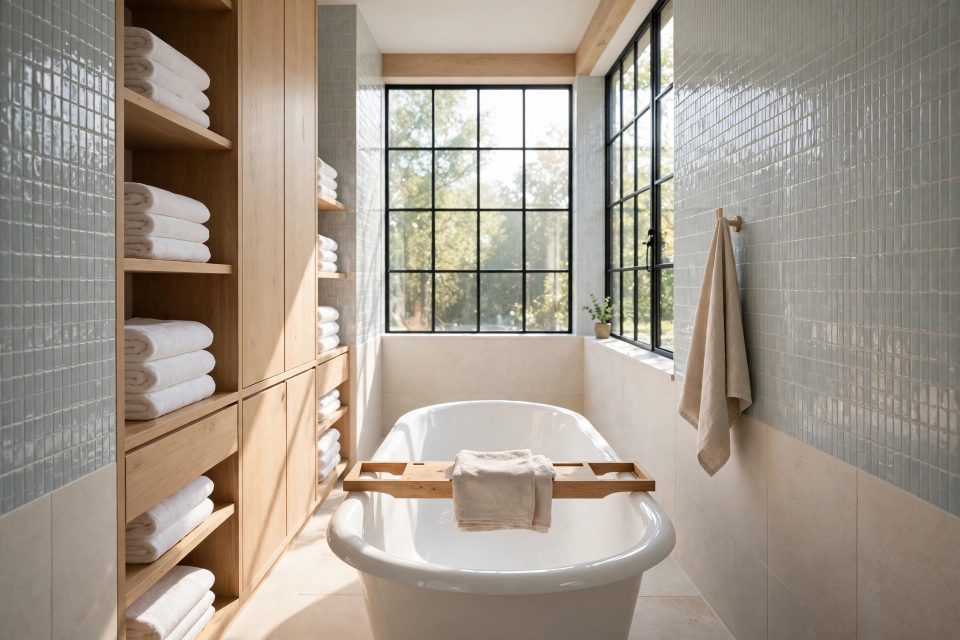 White freestanding tub with a wood bath caddy at the far end of a long bathroom under a large grid window, with towel shelves on the left