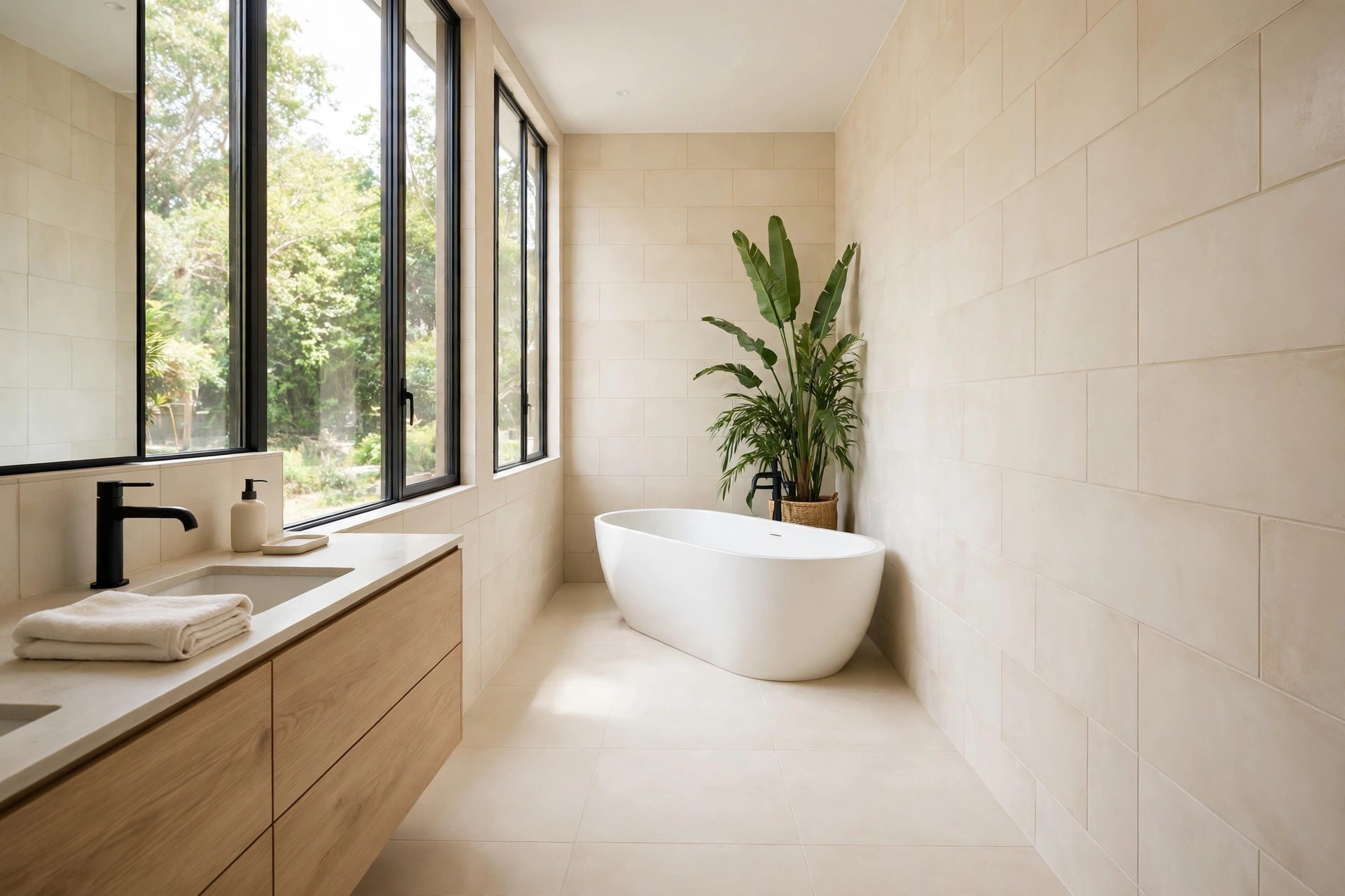White oval freestanding tub set in the far corner of a long cream tiled bathroom with a tall green plant behind it
