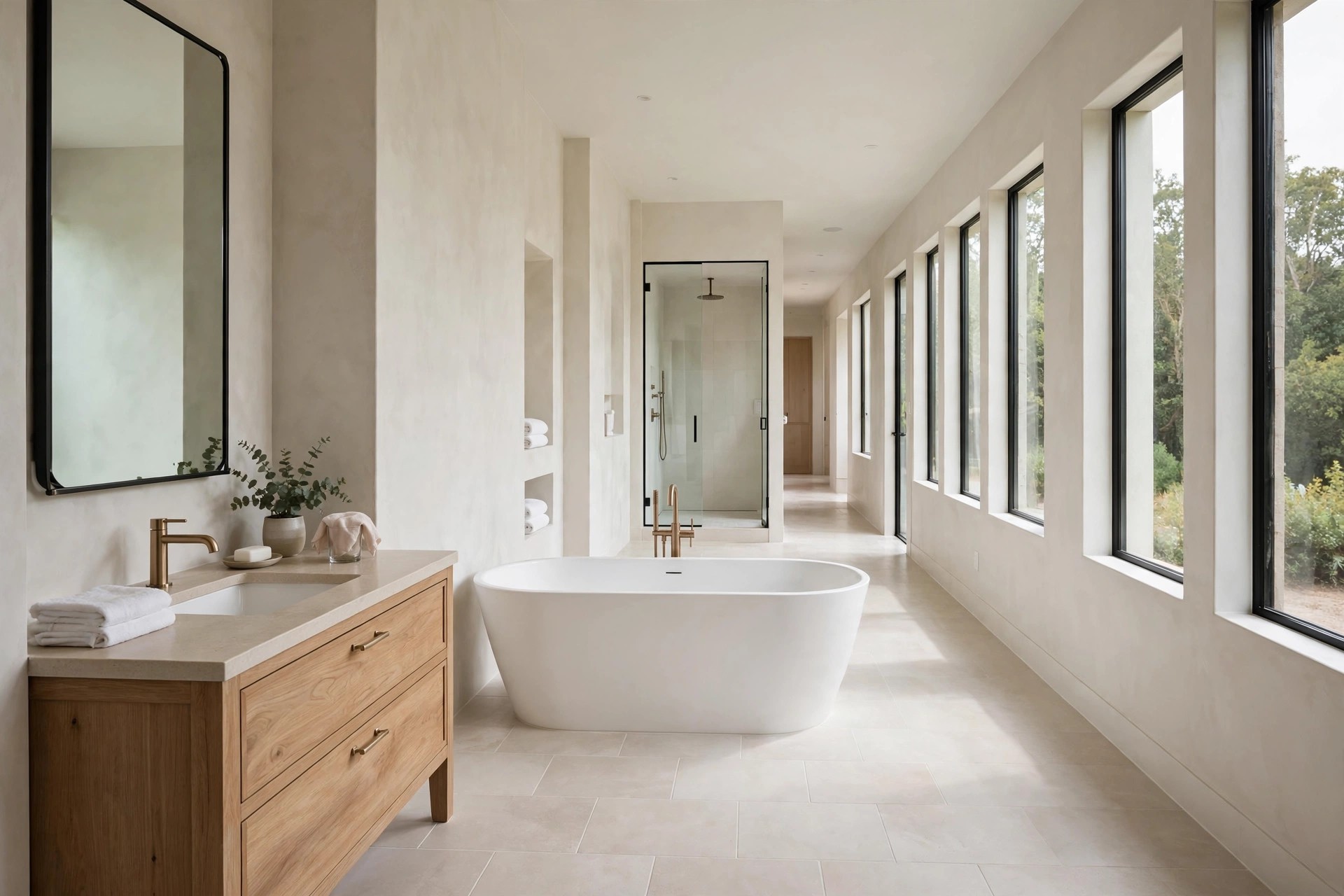 White freestanding tub placed crosswise in the middle of a long bathroom with a wood vanity in front and a glass shower at the far end