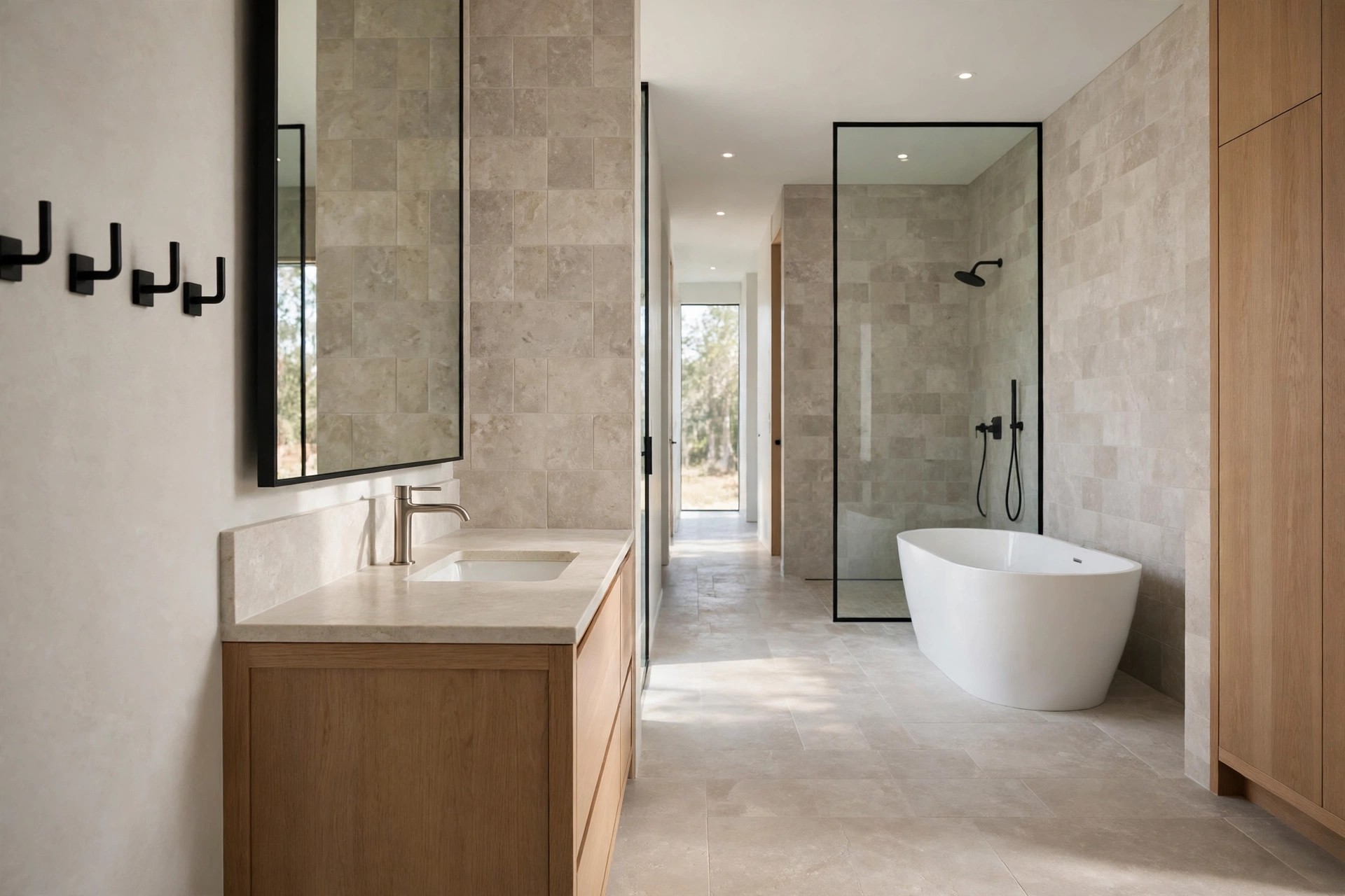 Long bathroom with a white freestanding tub beside a glass panel shower in a stone tiled wet zone, with a wood vanity near the door