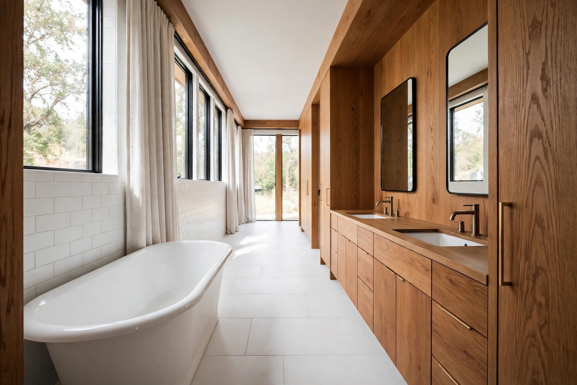 Long bathroom with a white freestanding tub along the left wall opposite a long wood double vanity with two mirrors