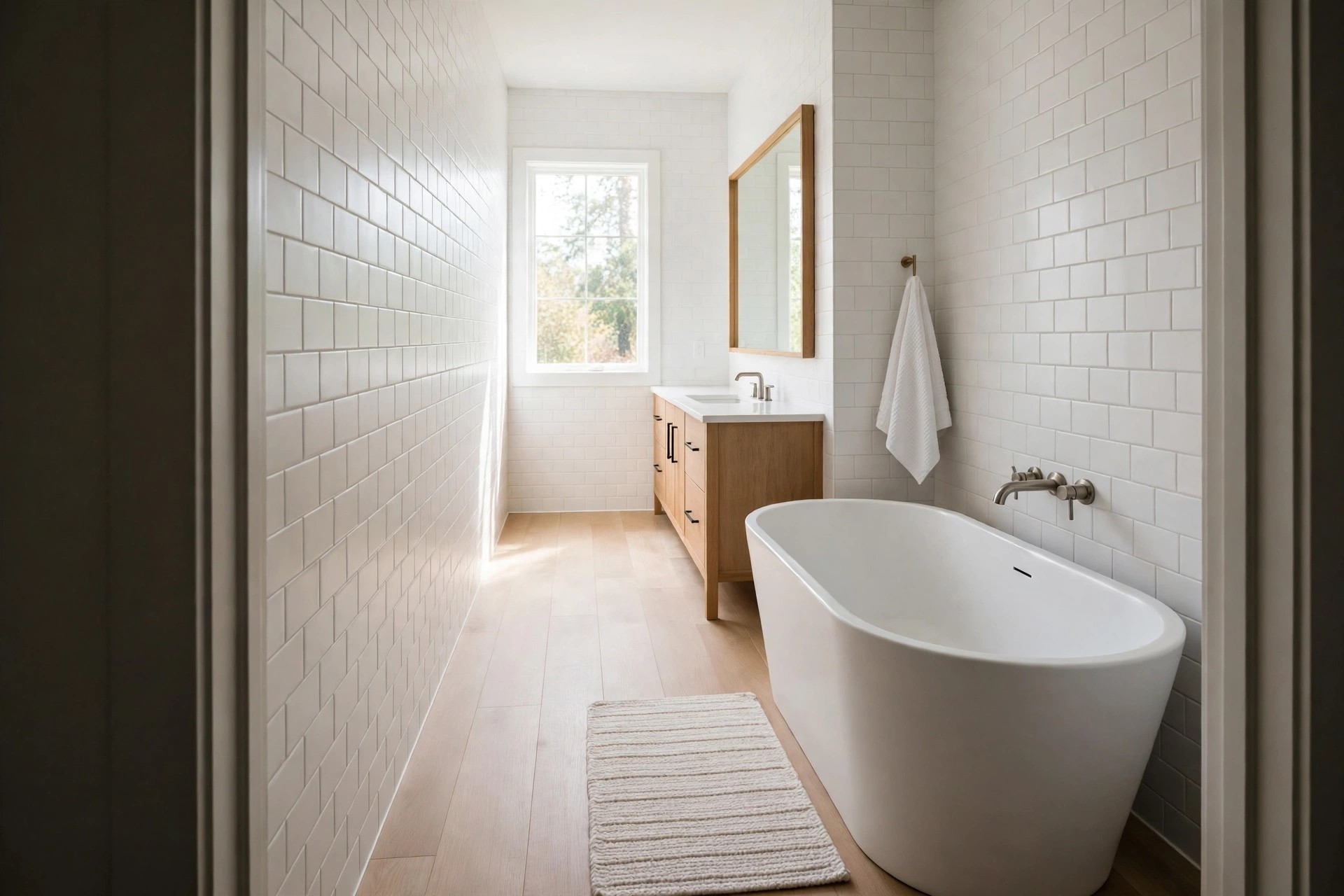 View from the doorway of a long white tiled bathroom with a freestanding tub near the door on the right and a wood vanity at the far end