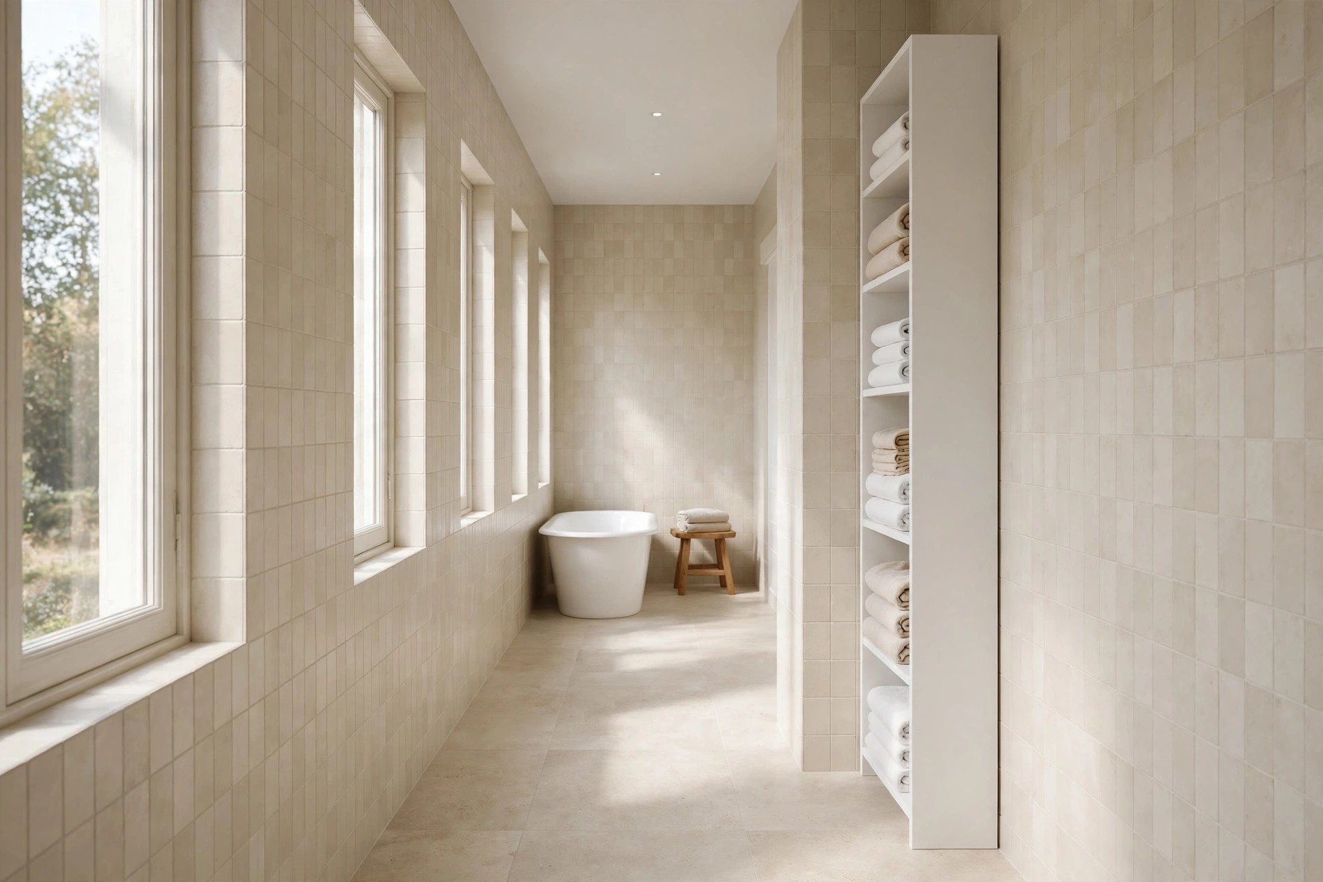 Long bathroom with a white freestanding tub at the far end and a tall white linen tower filled with folded towels