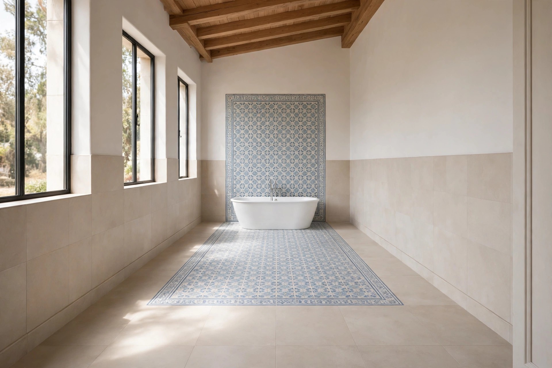 White freestanding tub at the far end of a long bathroom inside a blue patterned tile zone on the floor and end wall