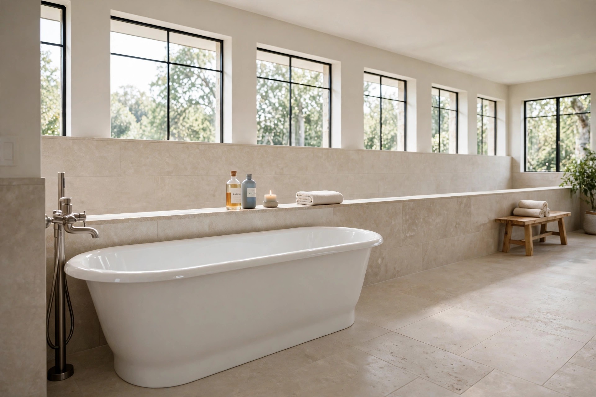 White freestanding tub in front of a long low stone ledge holding bottles, a lit candle and a folded towel