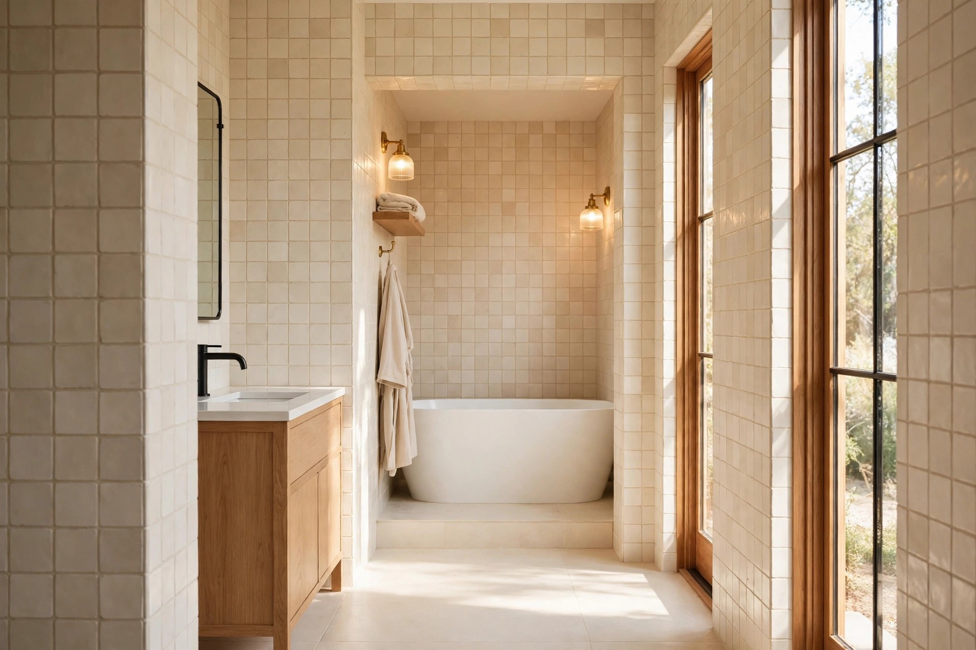 White freestanding tub inside a tiled alcove at the end of a long bathroom with a wall sconce and a small shelf on each side