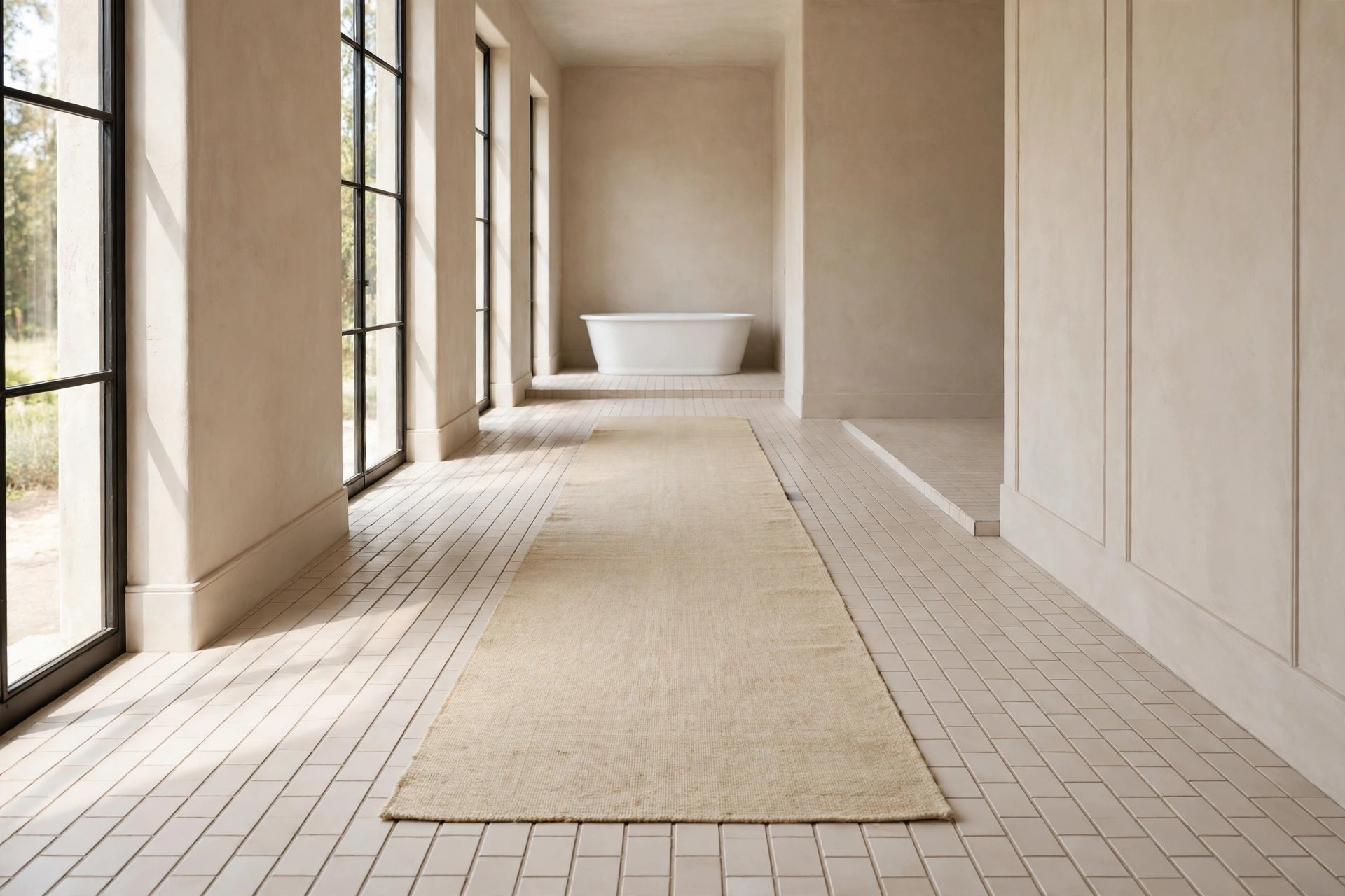 Long pale runner rug leading down a long tiled bathroom to a white freestanding tub at the far end