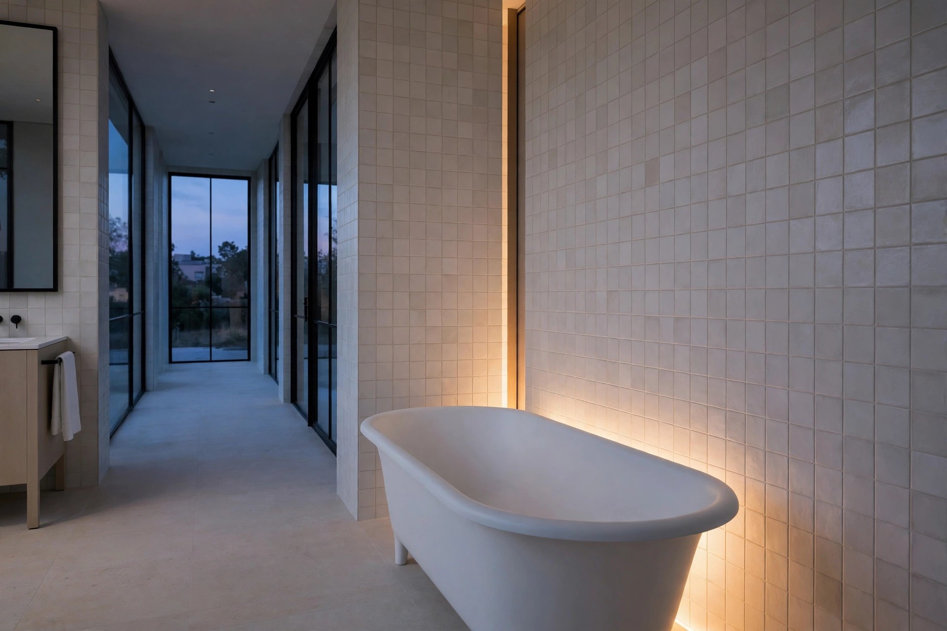 White freestanding tub standing off a tiled wall in a long bathroom at dusk with warm light glowing behind it