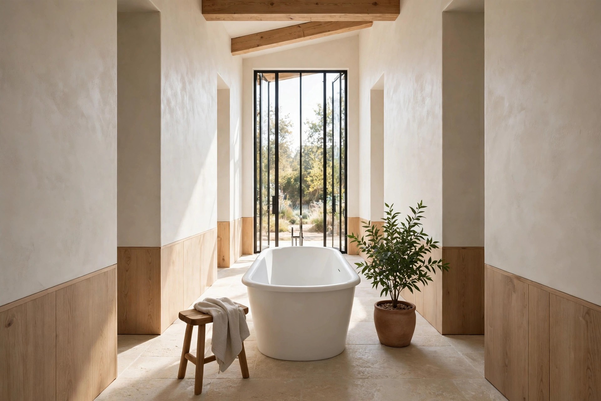 White freestanding tub centered in a long bathroom with a wood stool on one side, a potted plant on the other and a tall window behind it