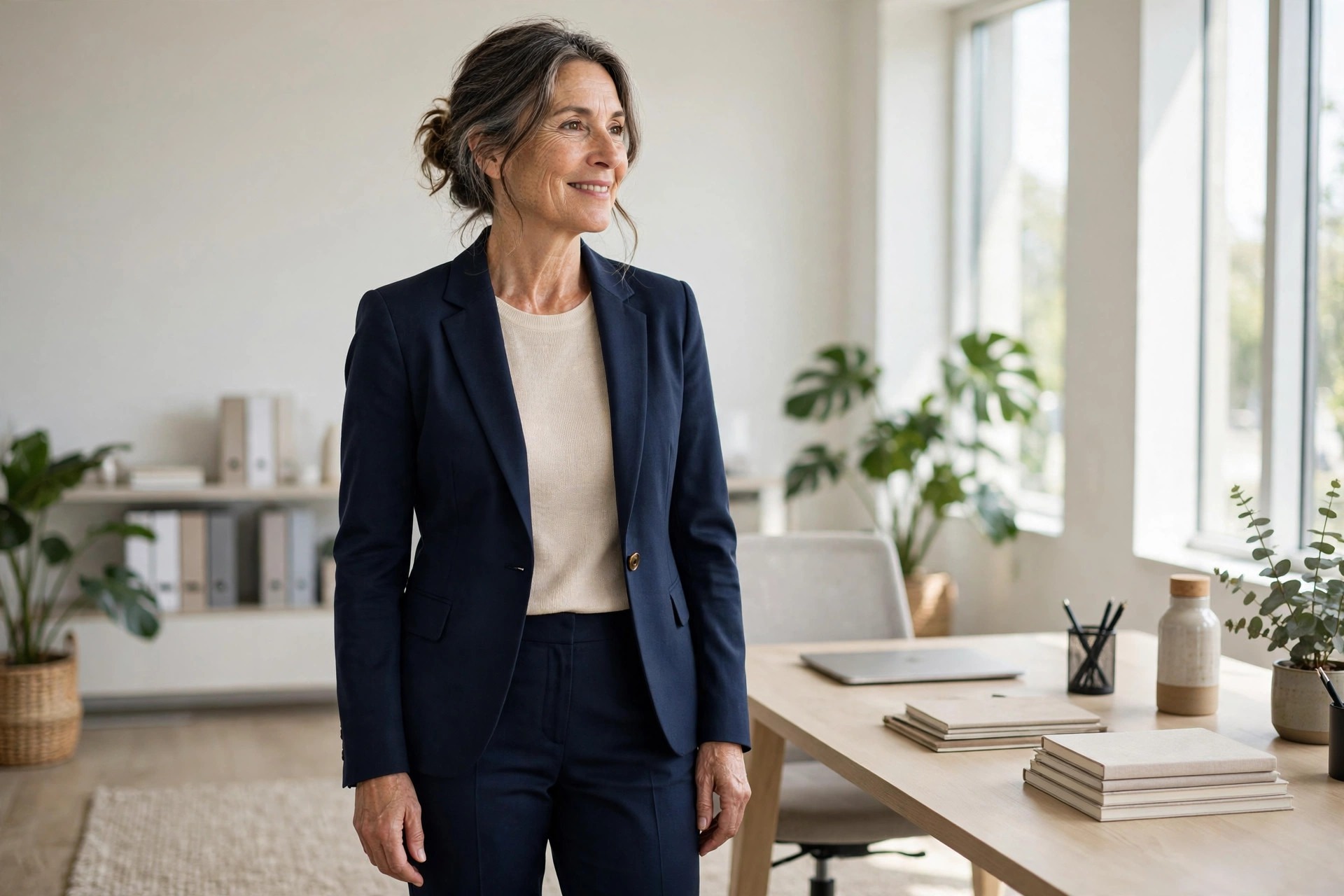 Woman over 50 in a navy single-button blazer and cream knit top standing beside an office desk