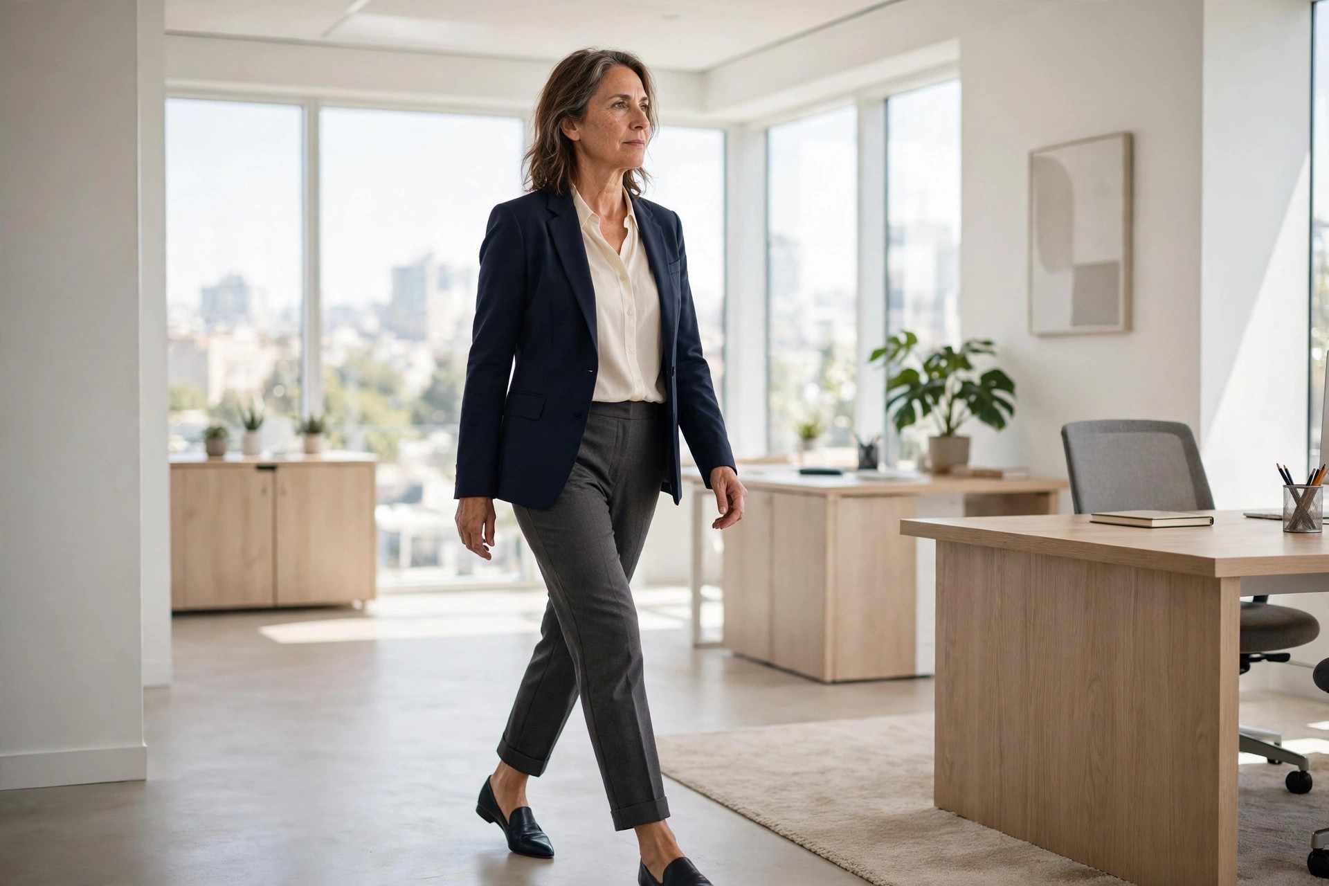 Woman over 50 in a navy blazer, cream blouse and grey ankle-length trousers with black loafers walking in an office