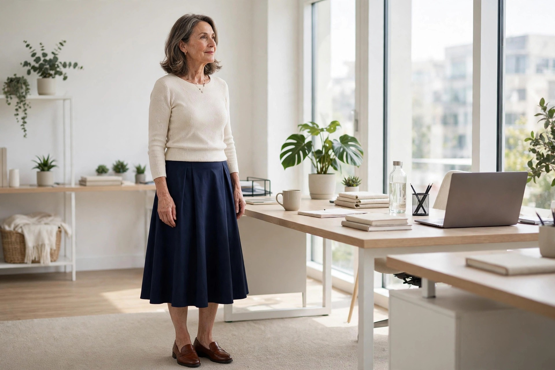 Woman over 50 in a cream knit top, navy midi skirt and brown loafers standing in an office