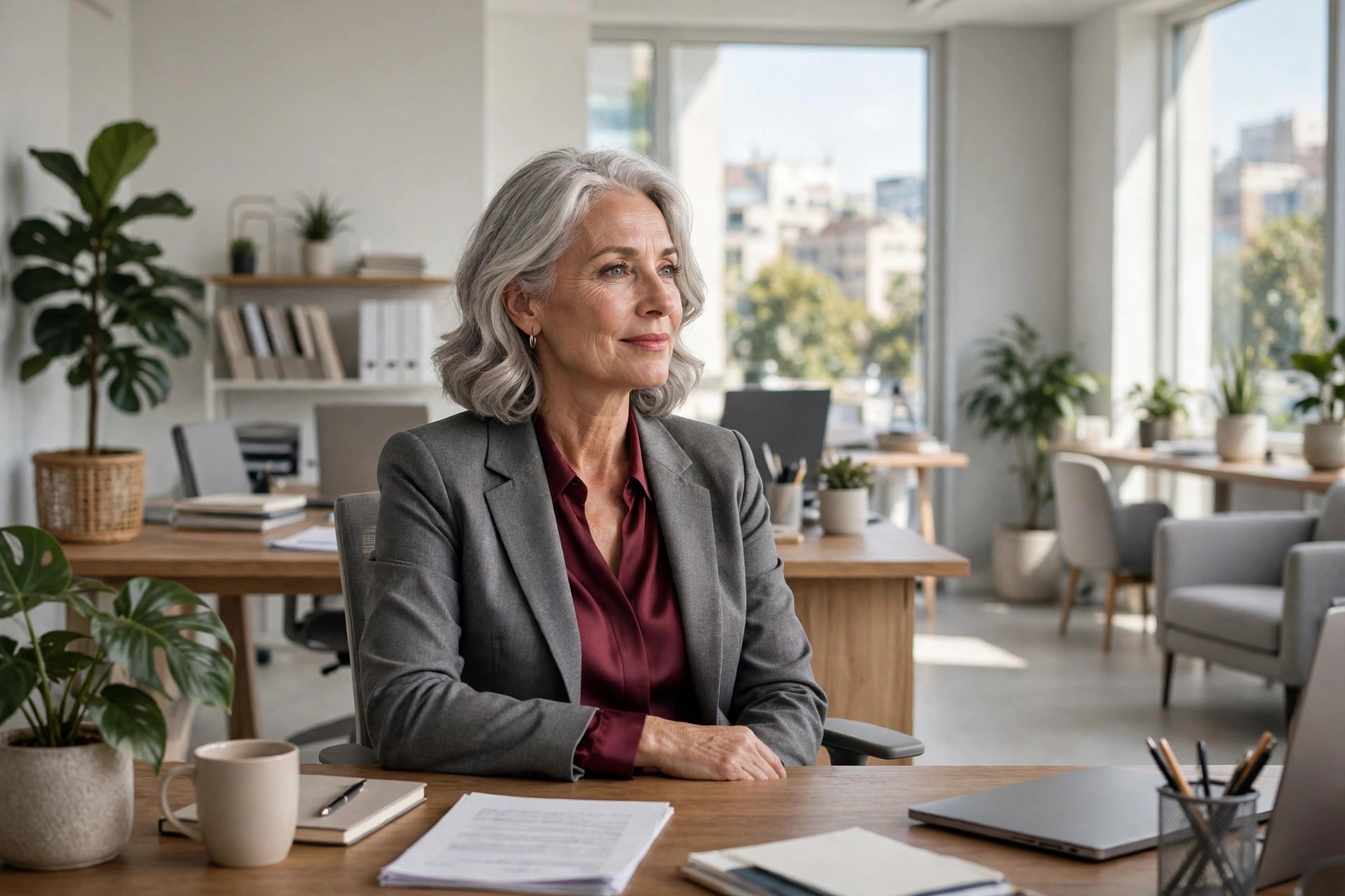 Woman over 50 with silver hair in a burgundy blouse and grey blazer seated at an office desk
