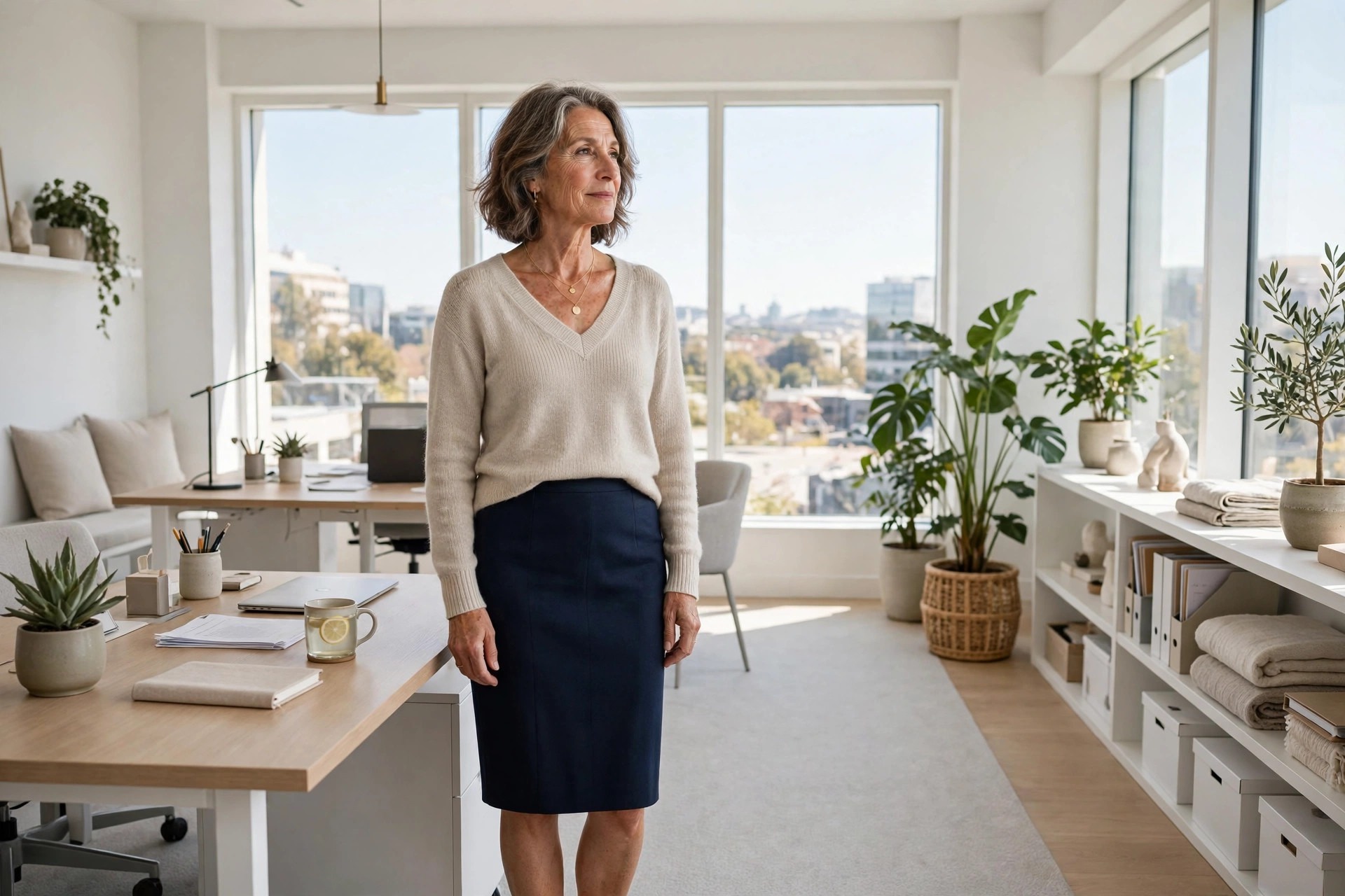 Woman over 50 in a cream V-neck knit, fine necklace and navy pencil skirt in an office
