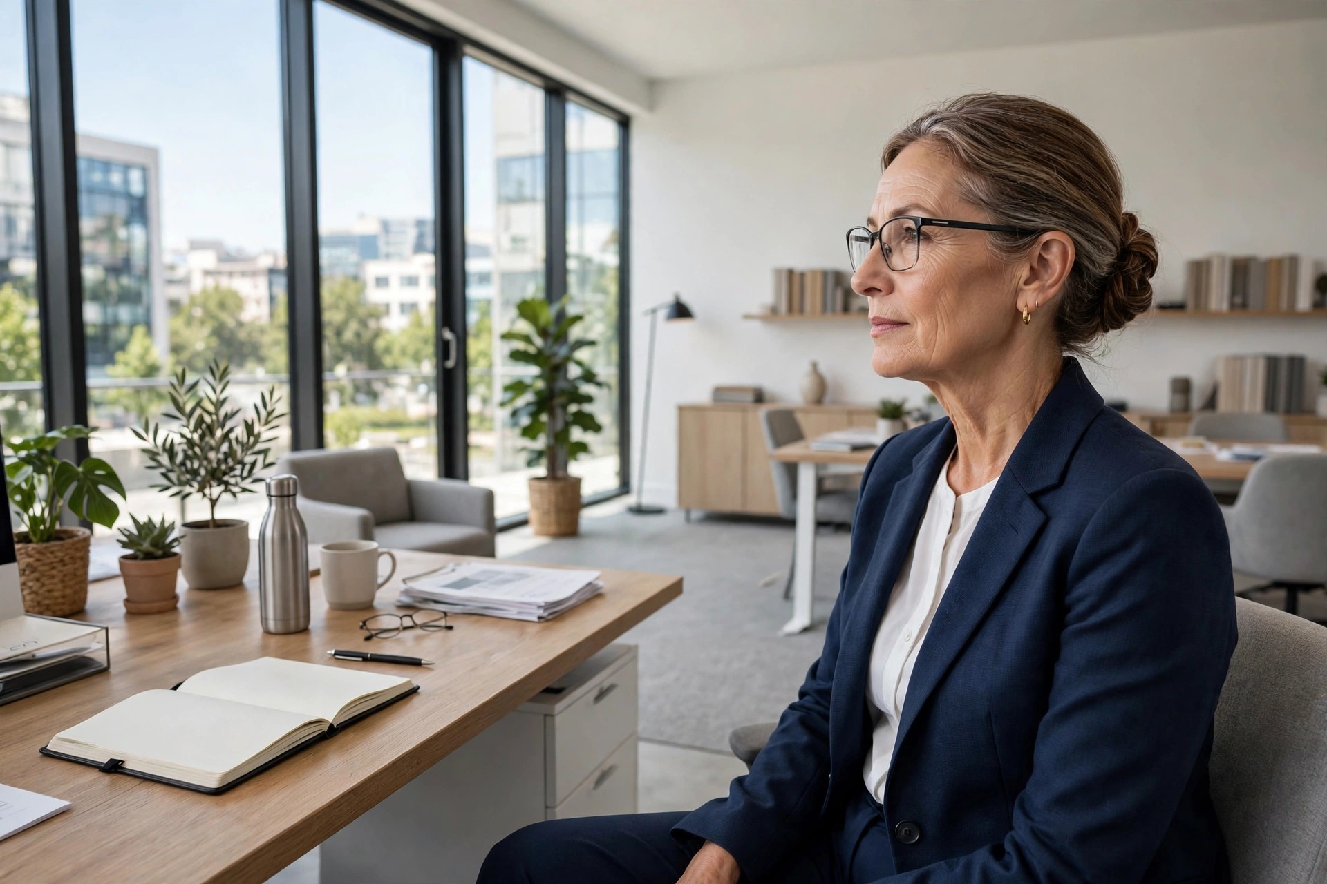 Woman over 50 in modern black glasses, small hoop earrings and a navy blazer seated at an office desk
