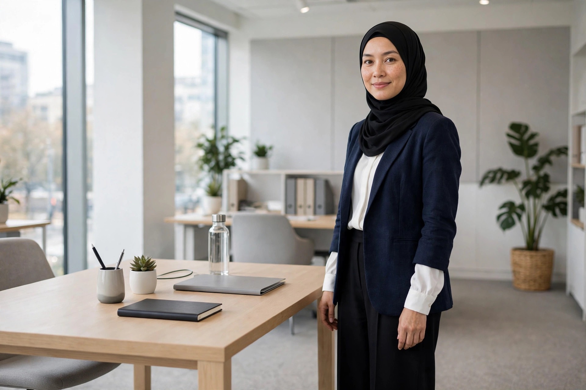 Woman wearing a black hijab, navy blazer, white long sleeve blouse and black wide leg trousers with black pointed flats by a tidy office desk