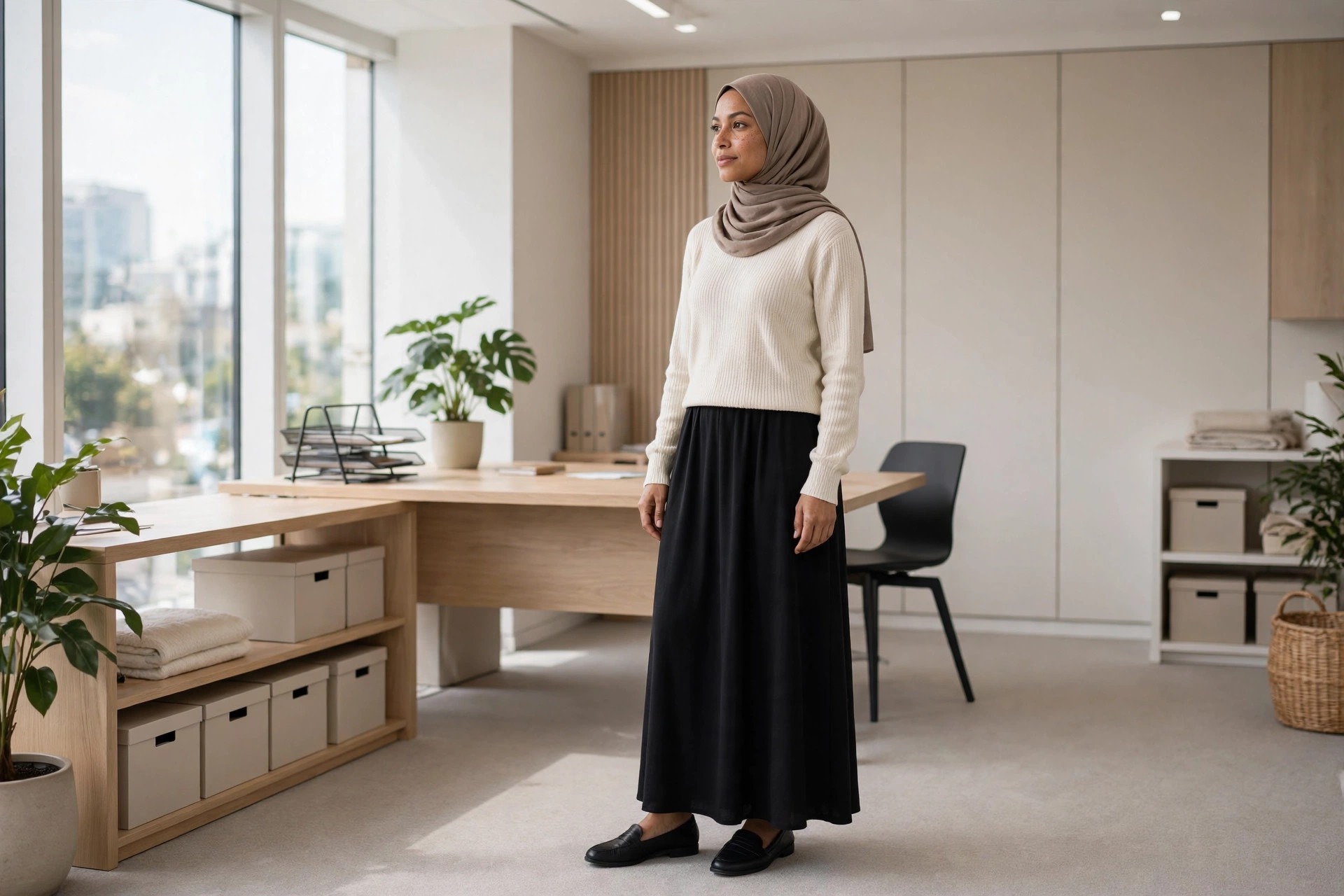 Woman wearing a taupe hijab, cream long sleeve knit top and long black maxi skirt with black loafers in a tidy office