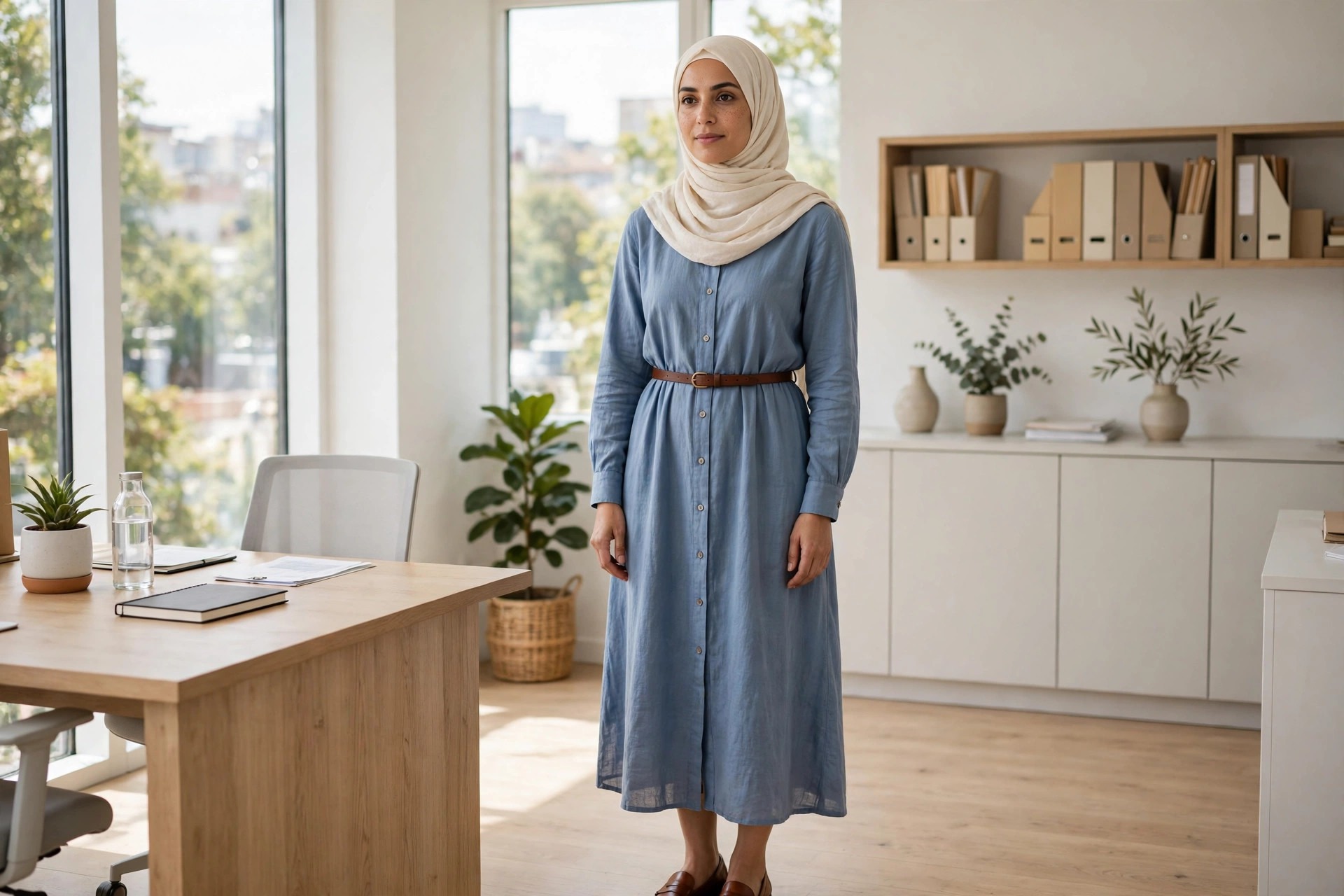 Woman wearing a cream hijab and a soft blue long sleeve shirt dress below the knee with a brown belt and brown loafers in a tidy office