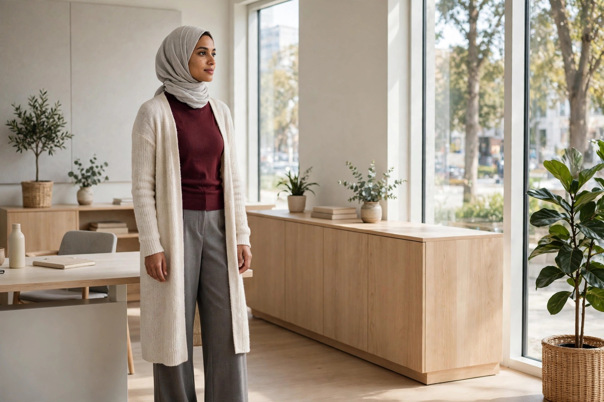 Woman wearing a light gray hijab, burgundy long sleeve top, long cream cardigan and gray wide leg trousers in a tidy office