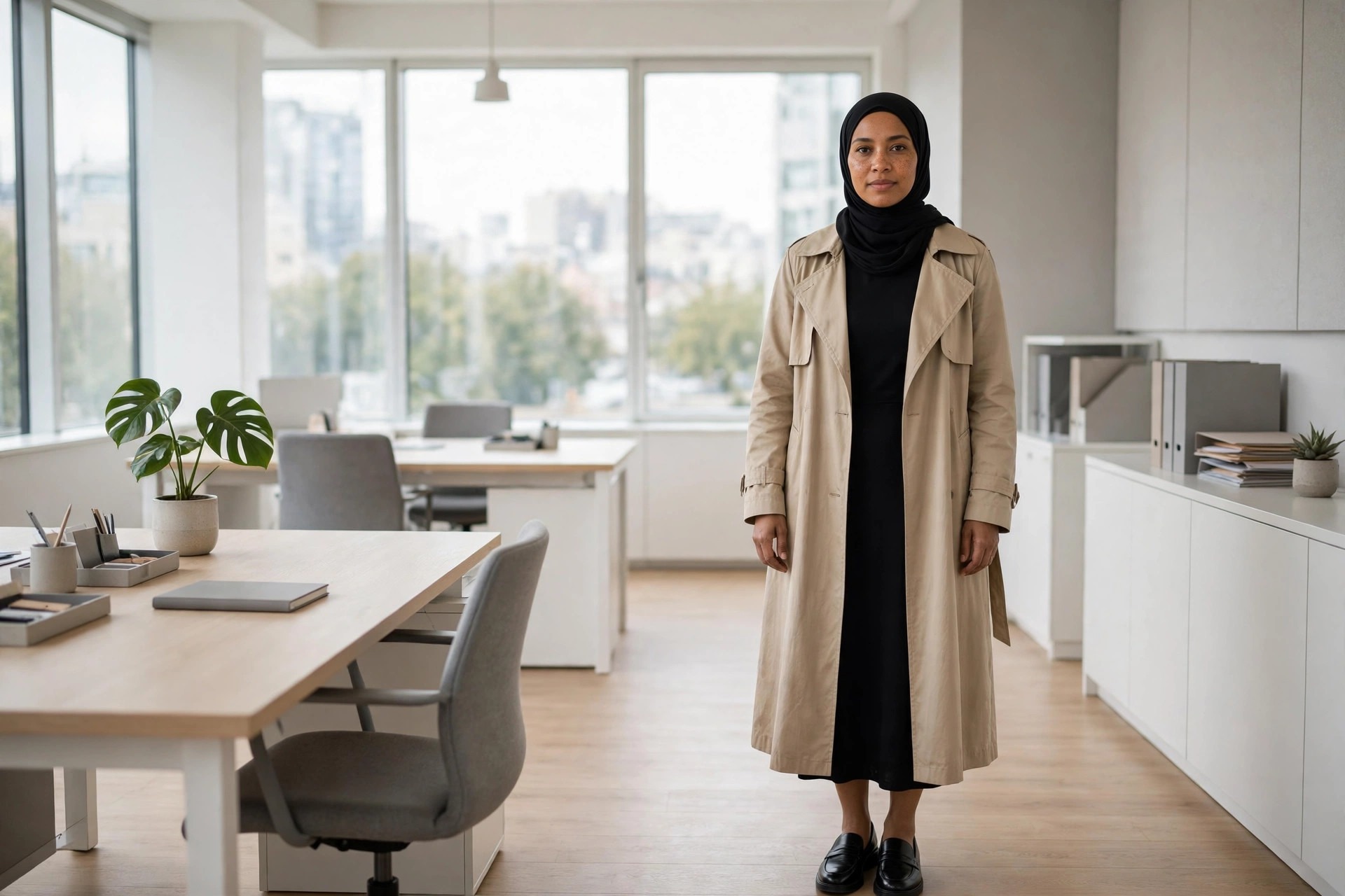 Woman wearing a black hijab and black long sleeve midi dress under a long beige trench coat with black loafers in a tidy office