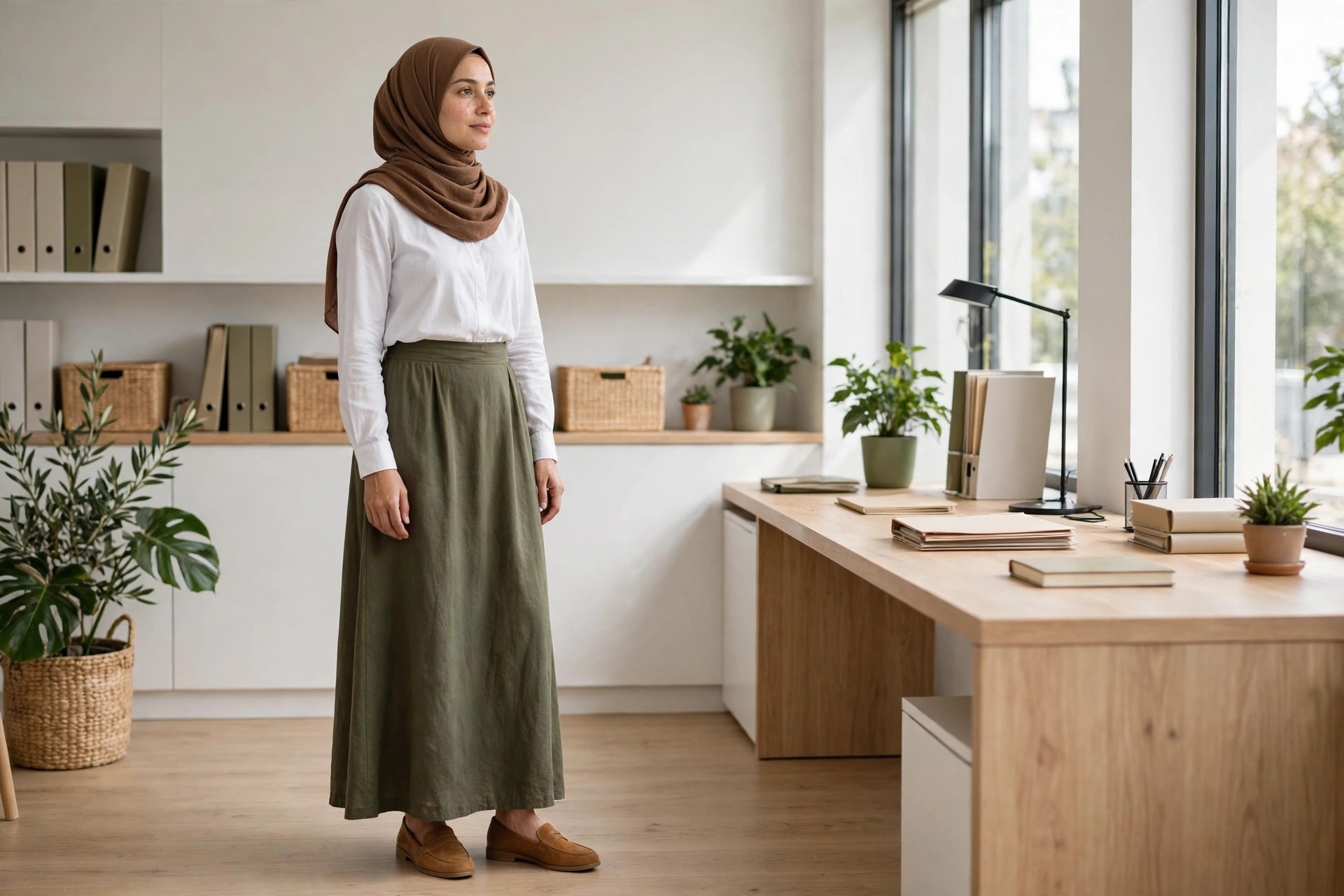 Woman wearing a brown hijab, white long sleeve shirt and long olive maxi skirt with tan loafers in a tidy office