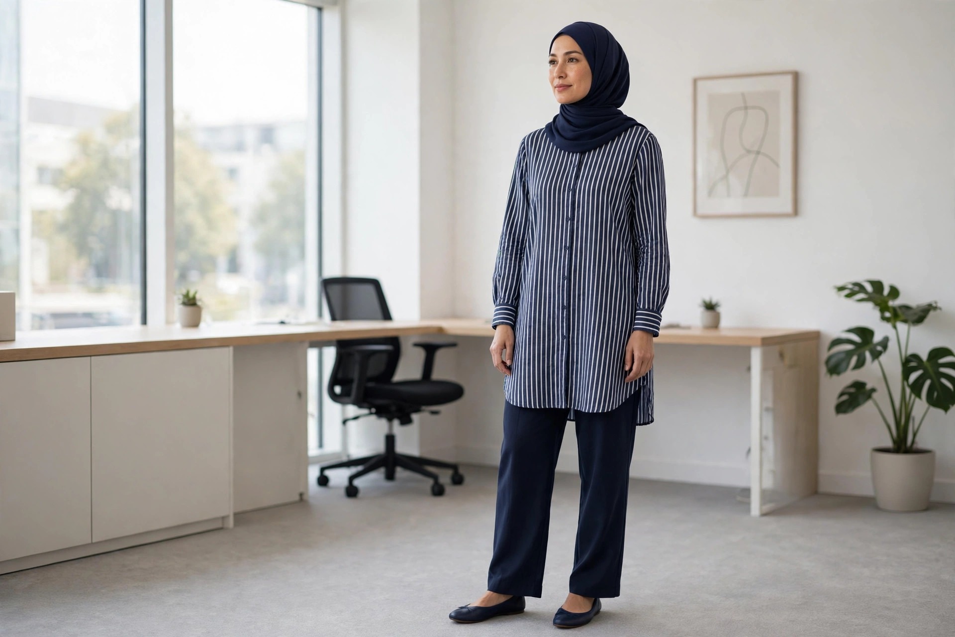 Woman wearing a navy hijab, navy and white striped long sleeve tunic and navy wide leg trousers with navy flats in a tidy office