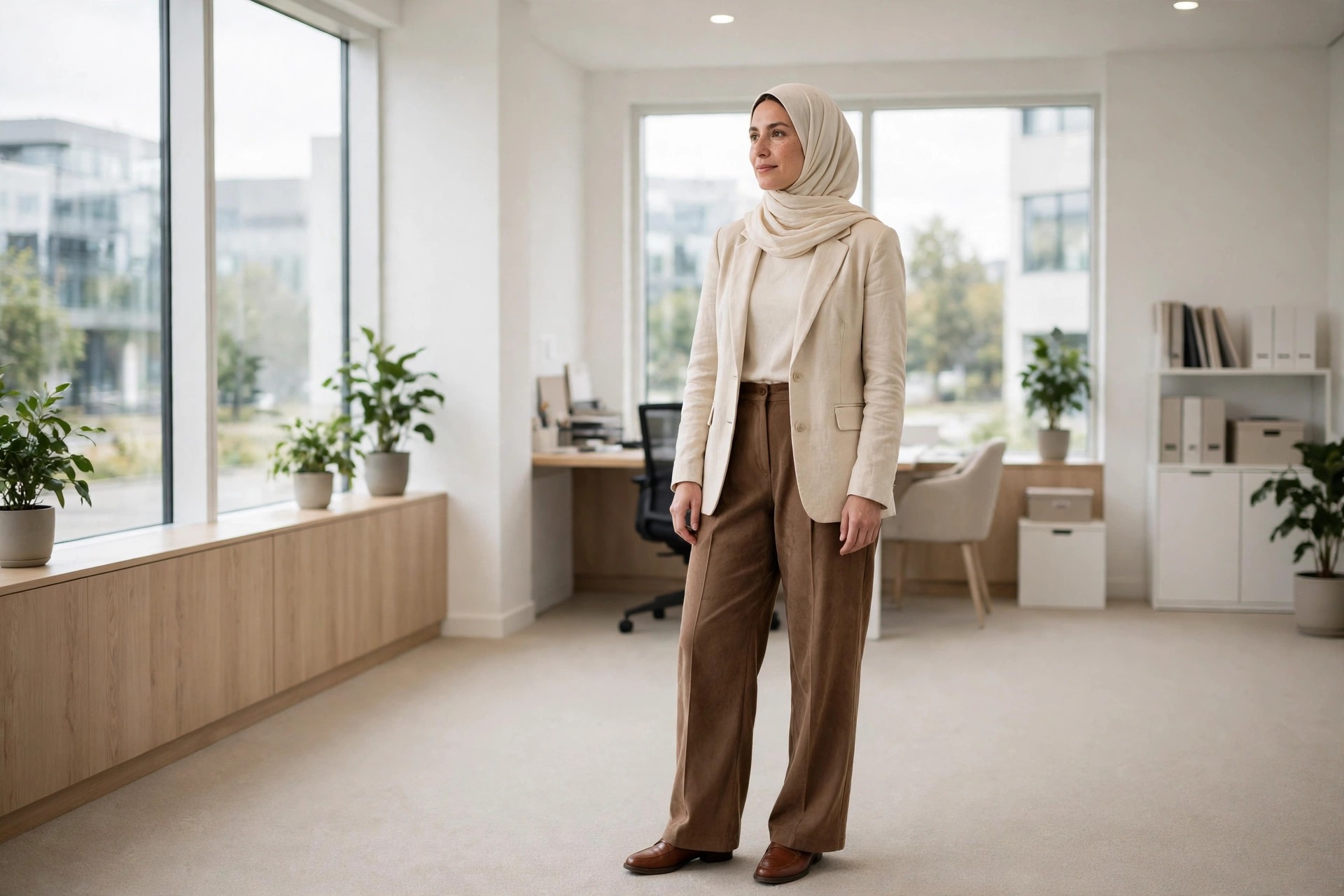 Woman wearing a cream hijab, beige blazer, cream long sleeve top and brown wide leg trousers with brown shoes in a tidy office