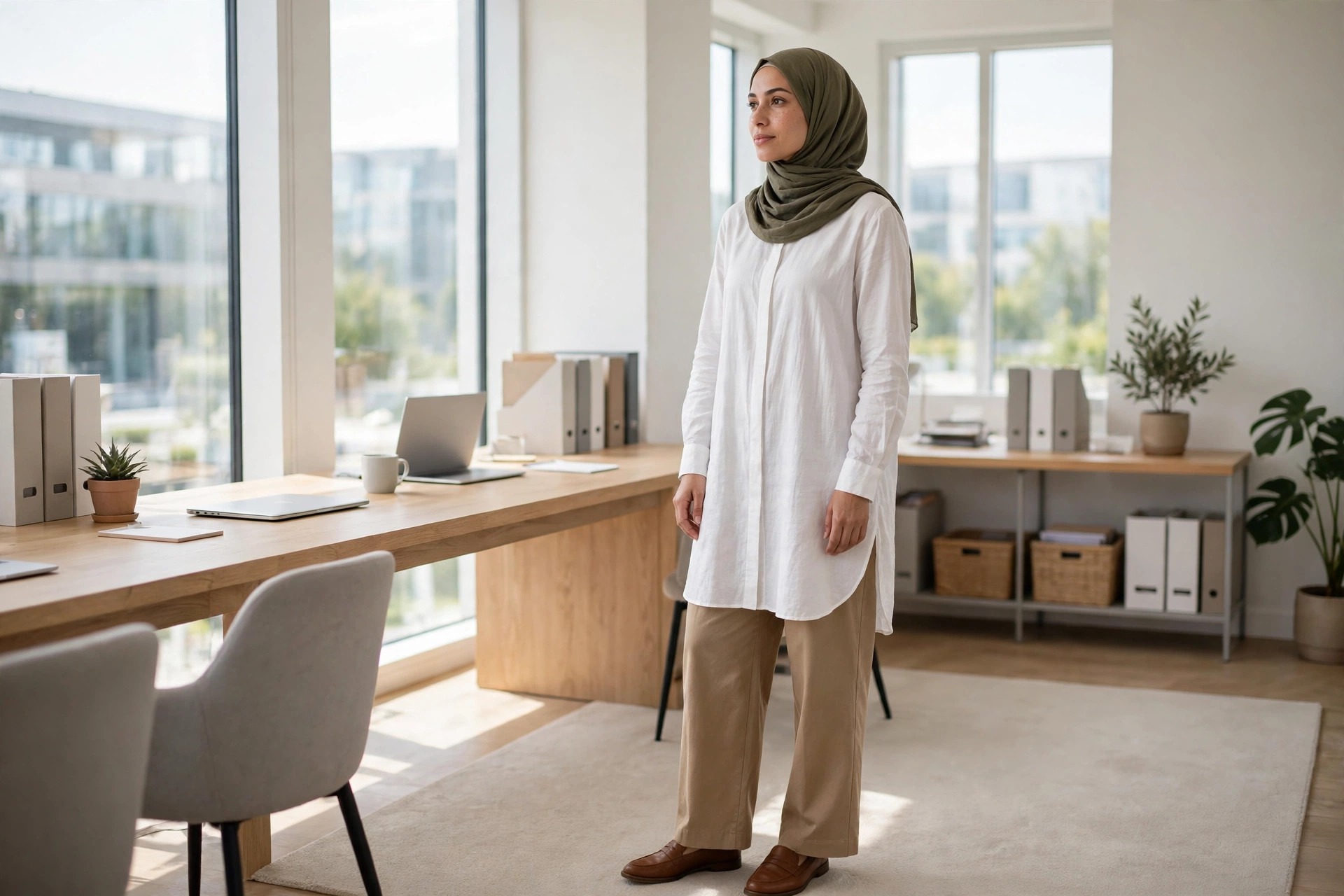 Woman wearing an olive hijab, long white long sleeve tunic and tan wide leg trousers with brown loafers in a tidy office