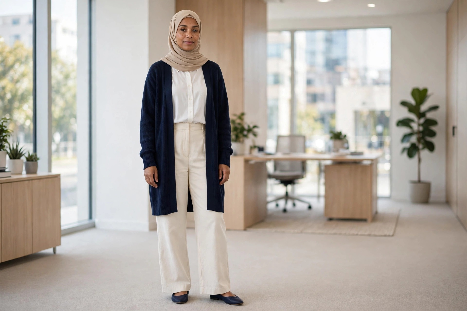 Woman wearing a beige hijab, navy long cardigan, white long sleeve blouse and cream wide leg trousers with navy flats in a tidy office