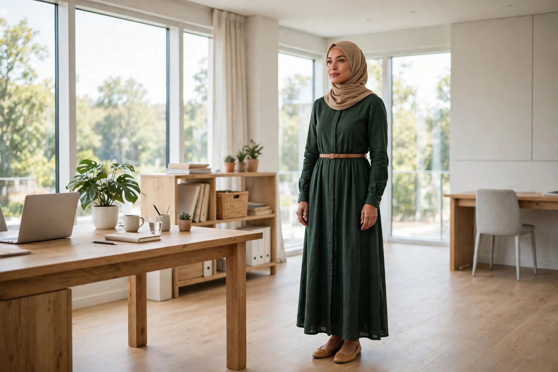 Woman wearing a tan hijab and a dark green long sleeve long dress with a thin tan belt and tan flats in a tidy office