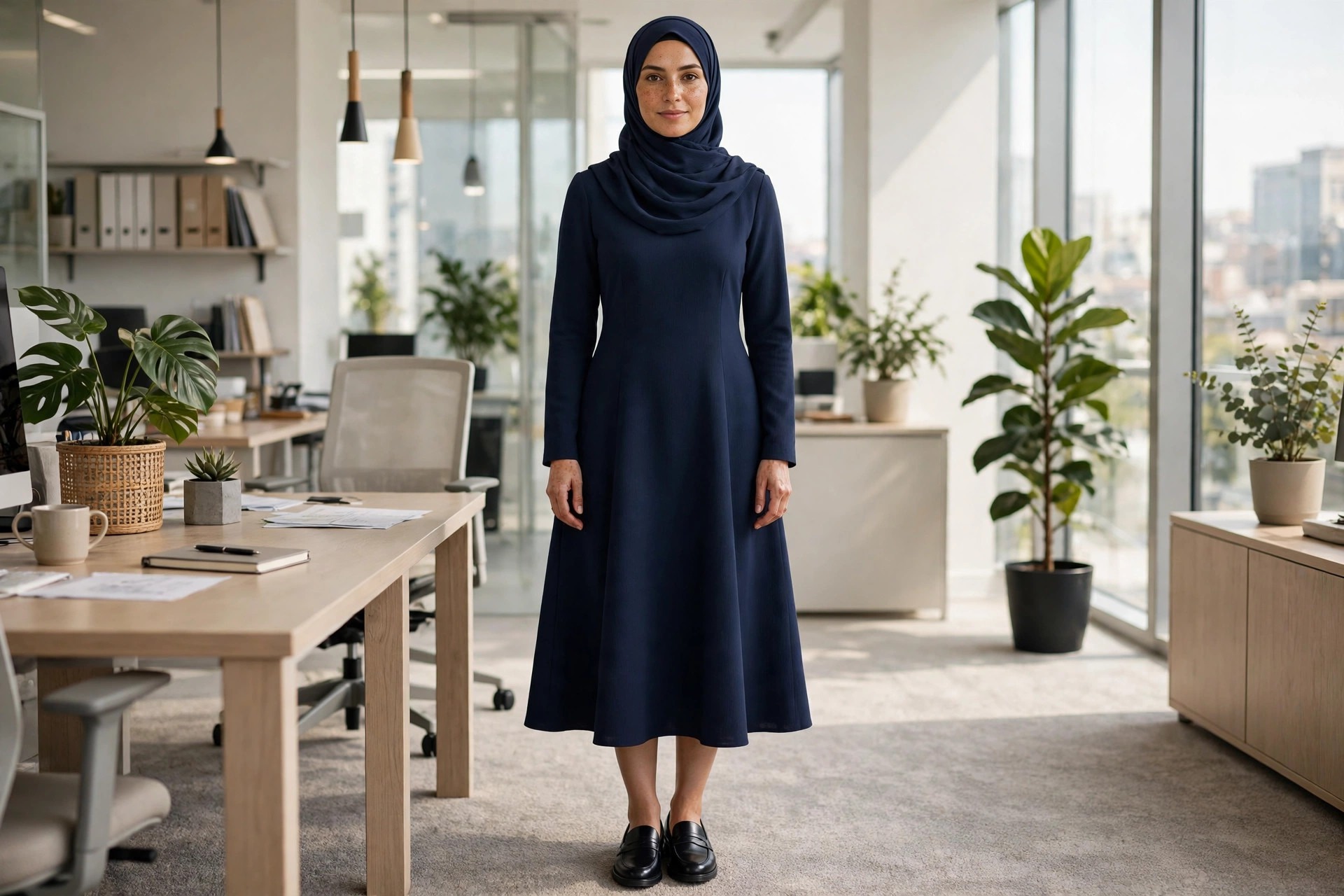 Hijabi woman in a navy A-line midi dress with long sleeves and black loafers in a bright office
