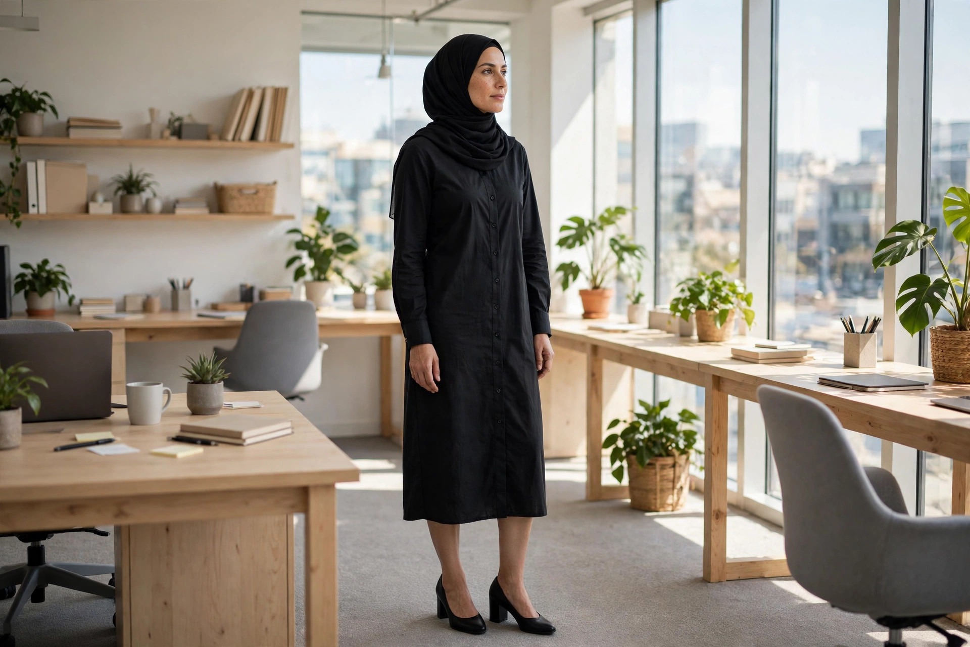 Hijabi woman in a black long-sleeve shirt dress with a collar and black block heels in an office