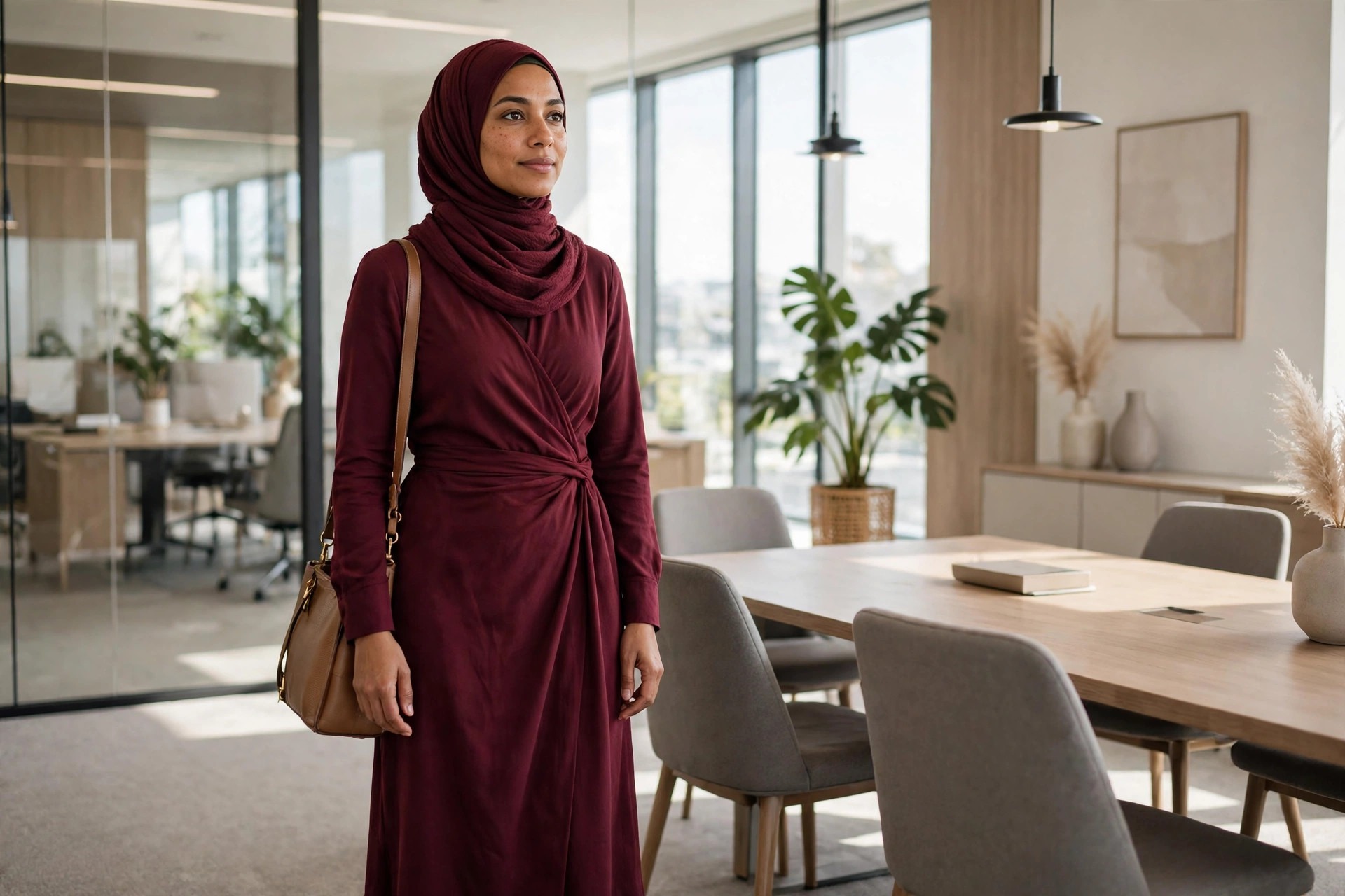 Hijabi woman in a burgundy wrap dress with full sleeves and a tan bag in a meeting room