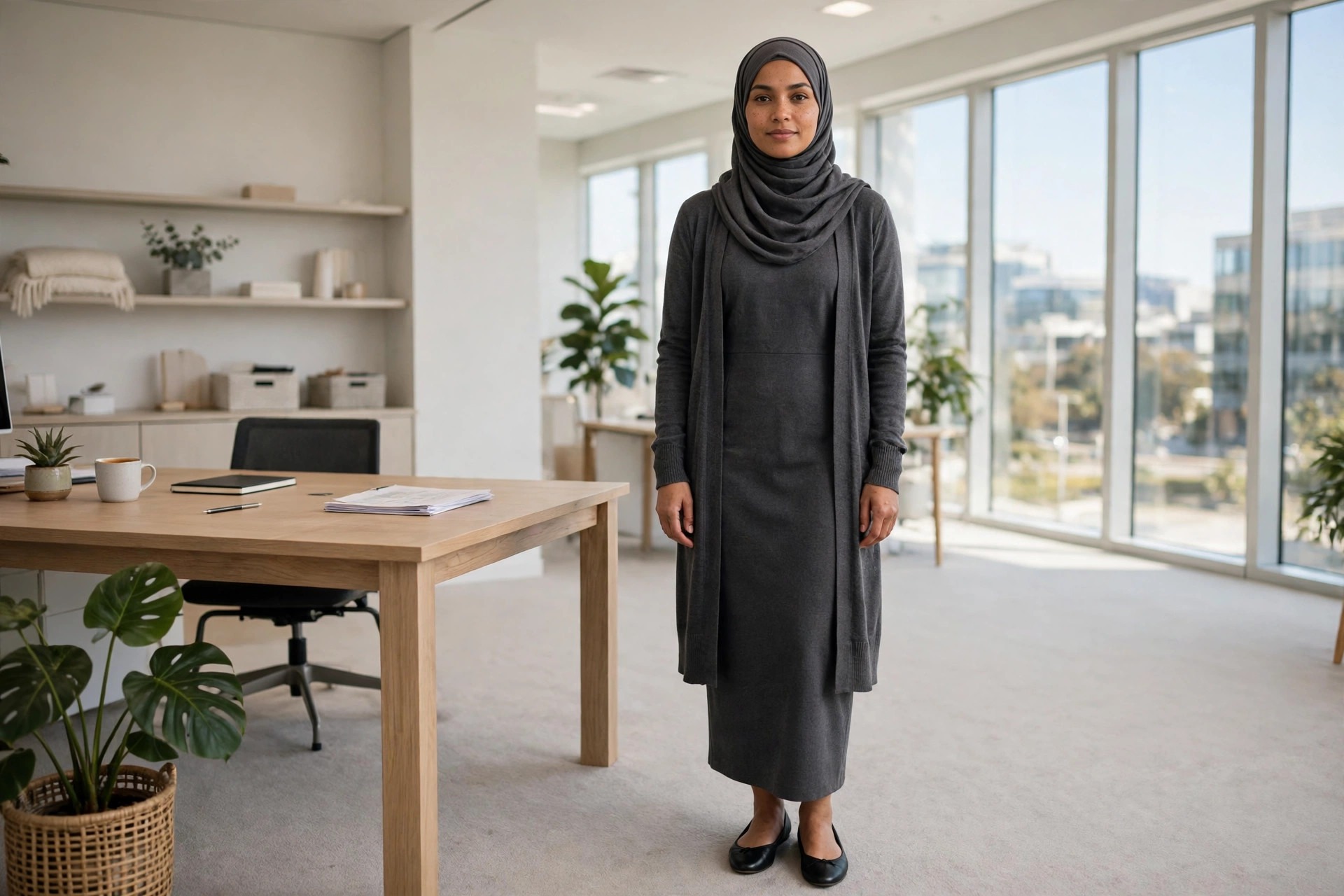 Hijabi woman in a charcoal sheath dress with an open longline cardigan and black flats in an office