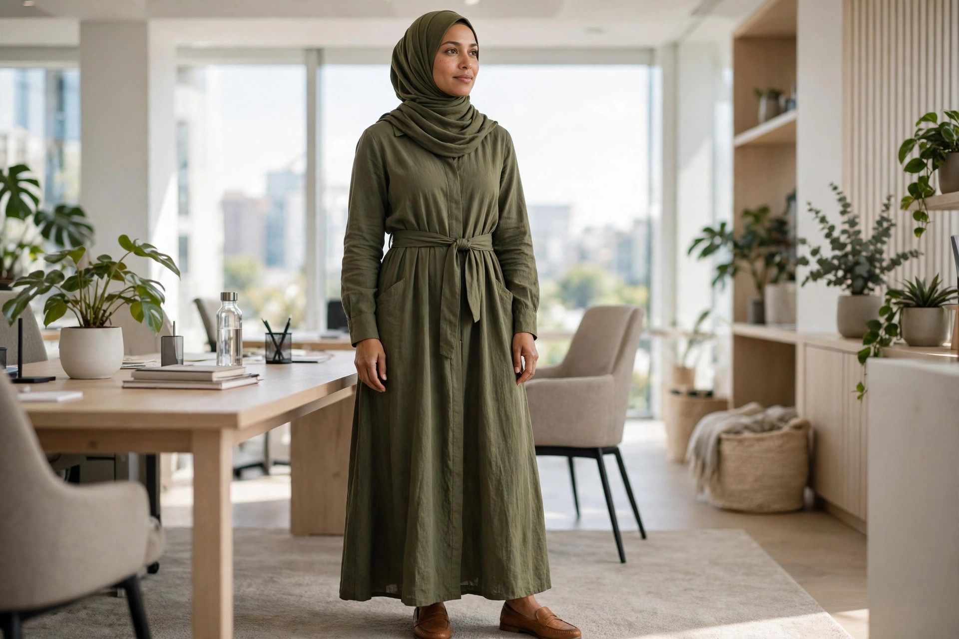 Hijabi woman in an olive maxi shirt dress with a self belt and tan loafers in an office