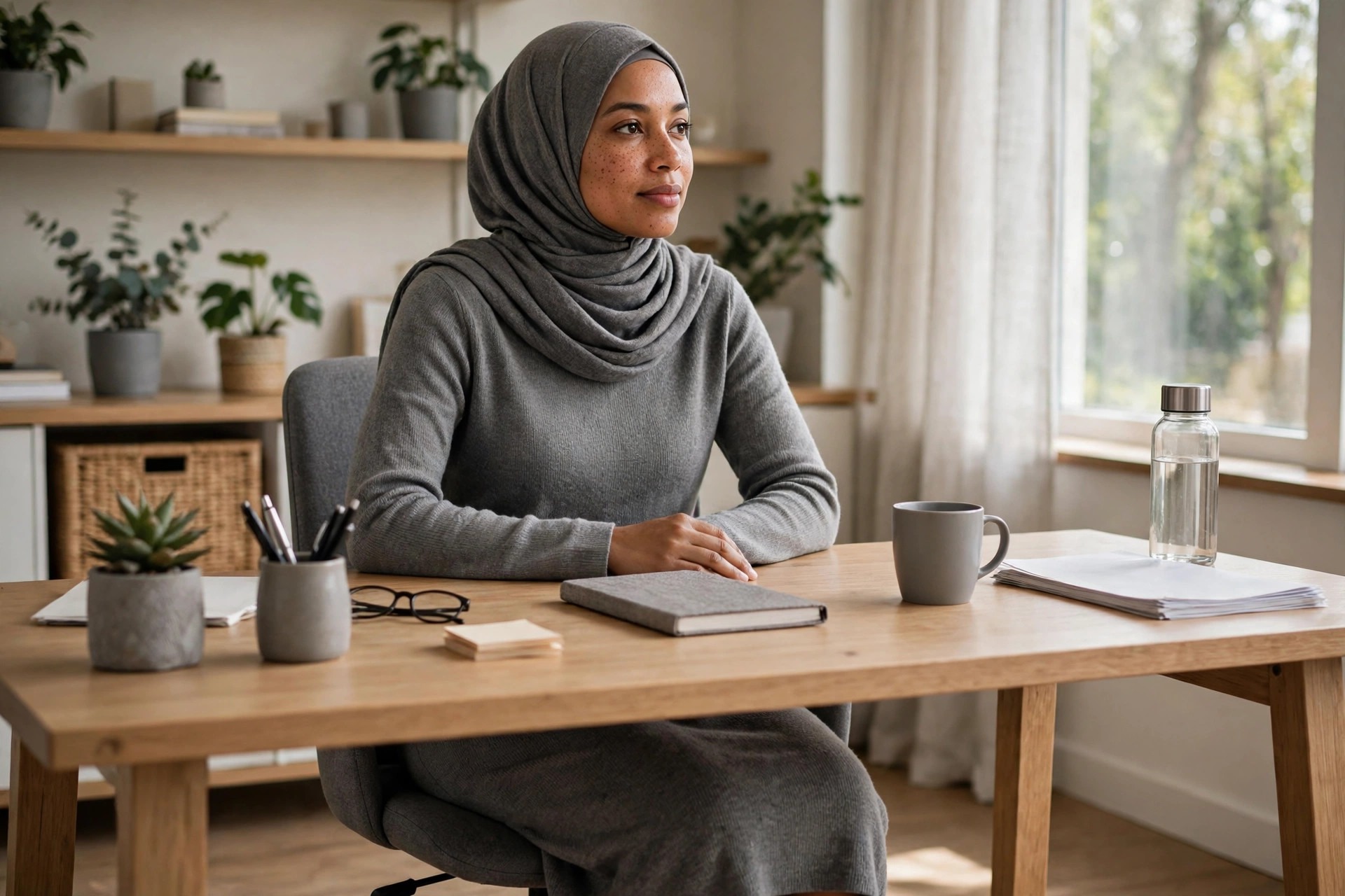 Hijabi woman seated at a desk in a grey long-sleeve knit dress in an office