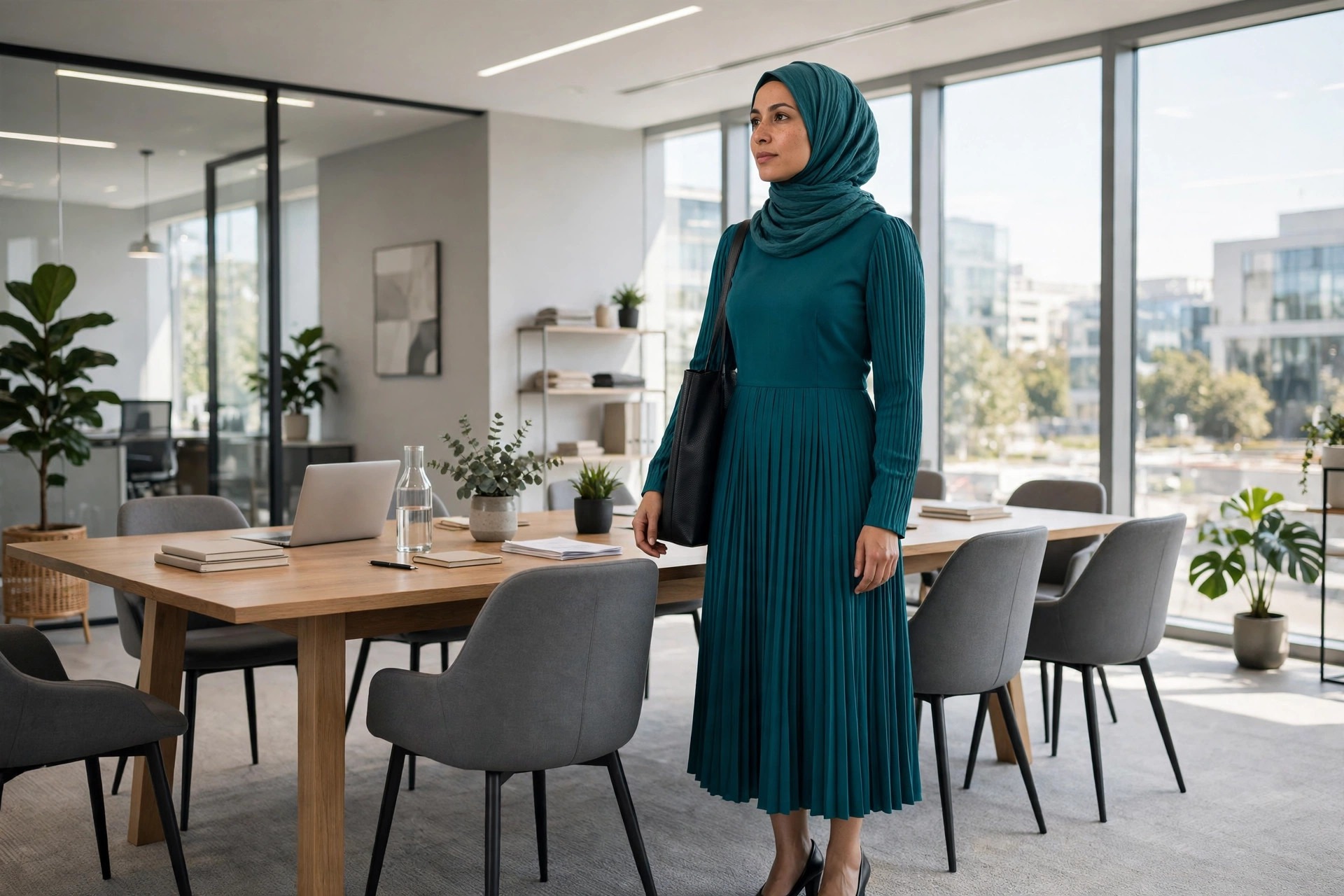 Hijabi woman in a teal pleated midi dress with long sleeves and a dark tote in a meeting room