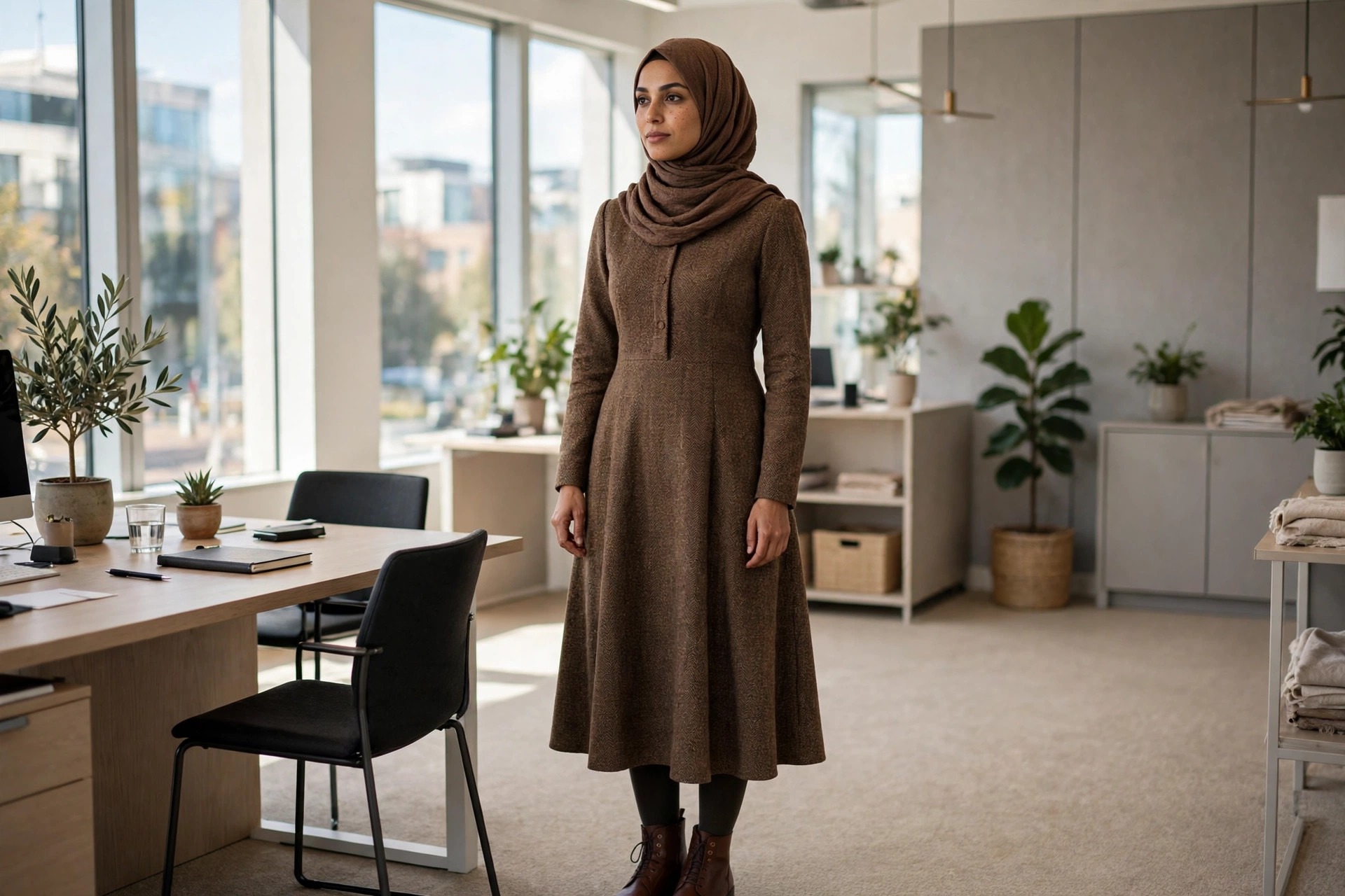 Hijabi woman in a brown tweed-look midi dress with dark tights and brown boots in an office