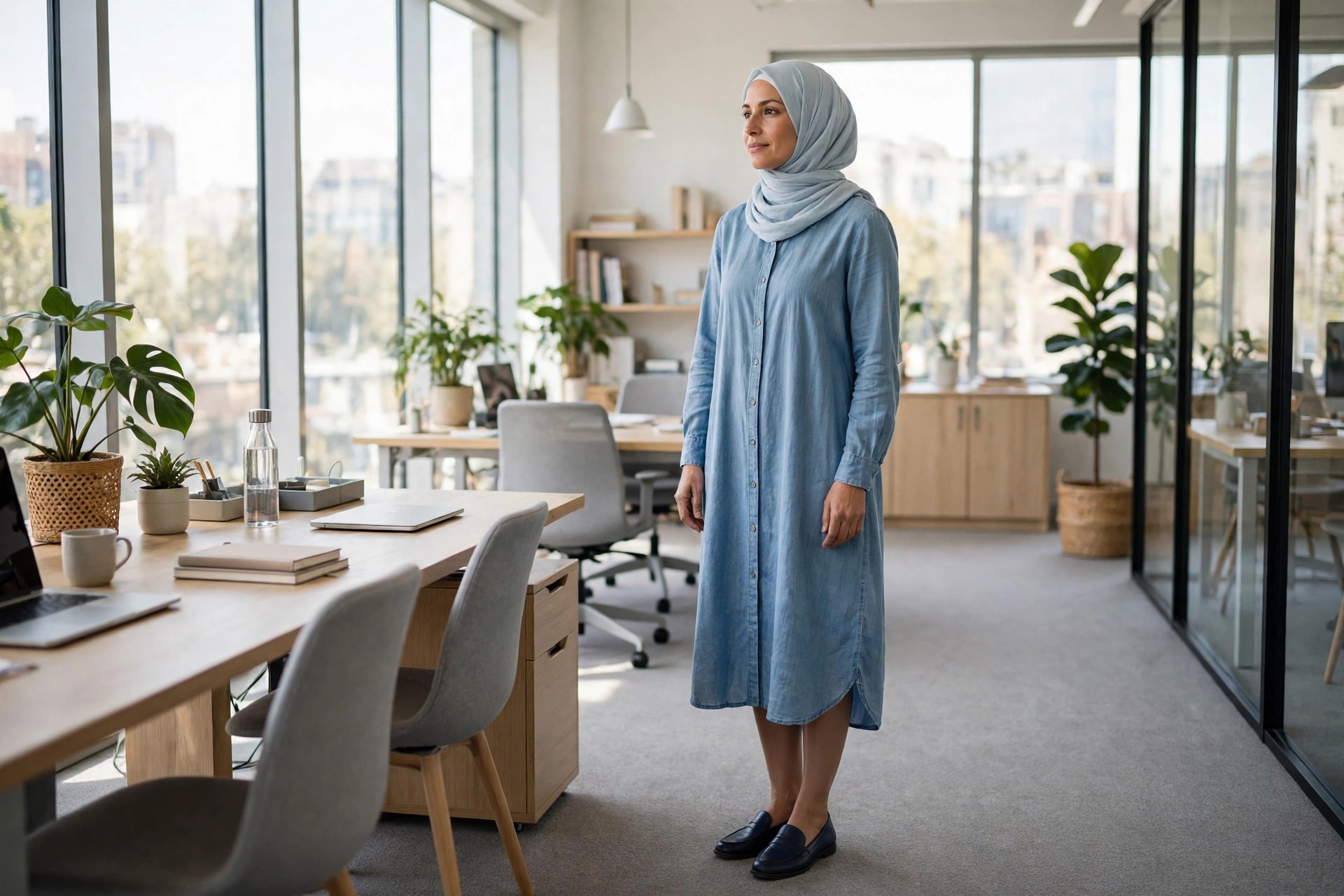 Hijabi woman in a soft blue chambray shirt dress with a pale blue hijab and navy loafers in an office
