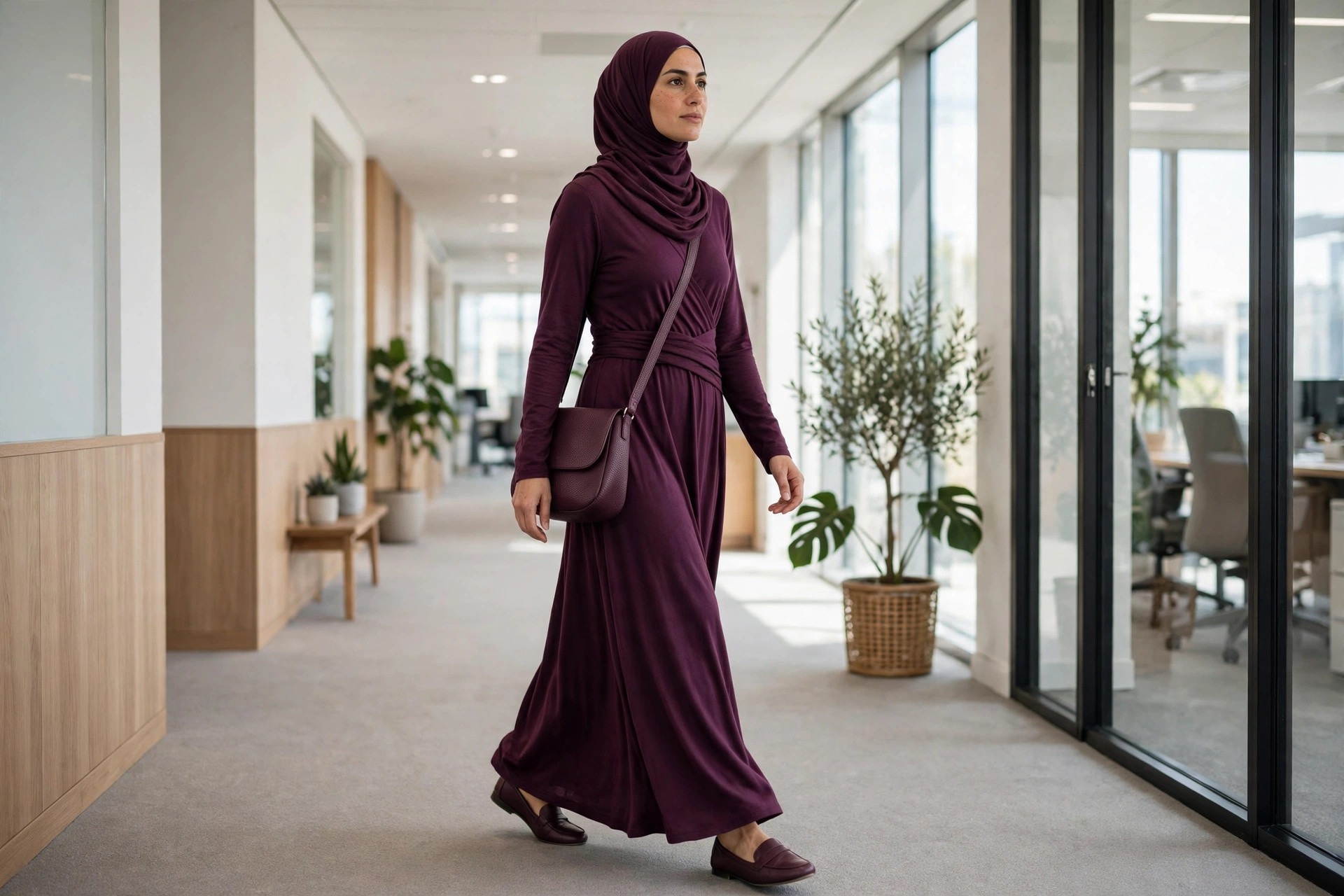 Hijabi woman walking in an office corridor in a plum jersey wrap maxi dress with a crossbody bag