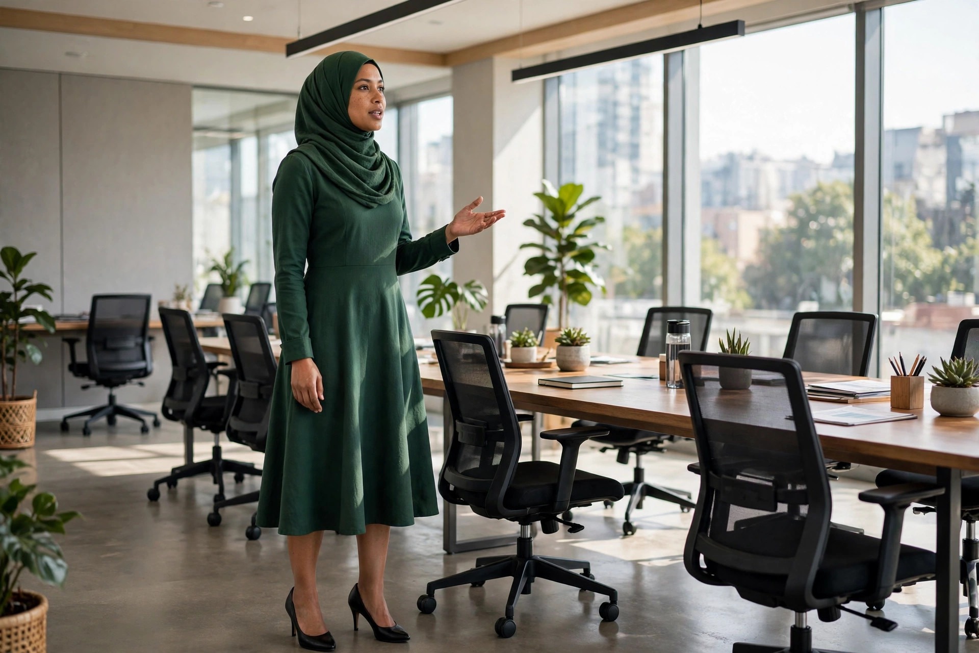 Hijabi woman presenting in a forest green A-line dress with long sleeves in a meeting room