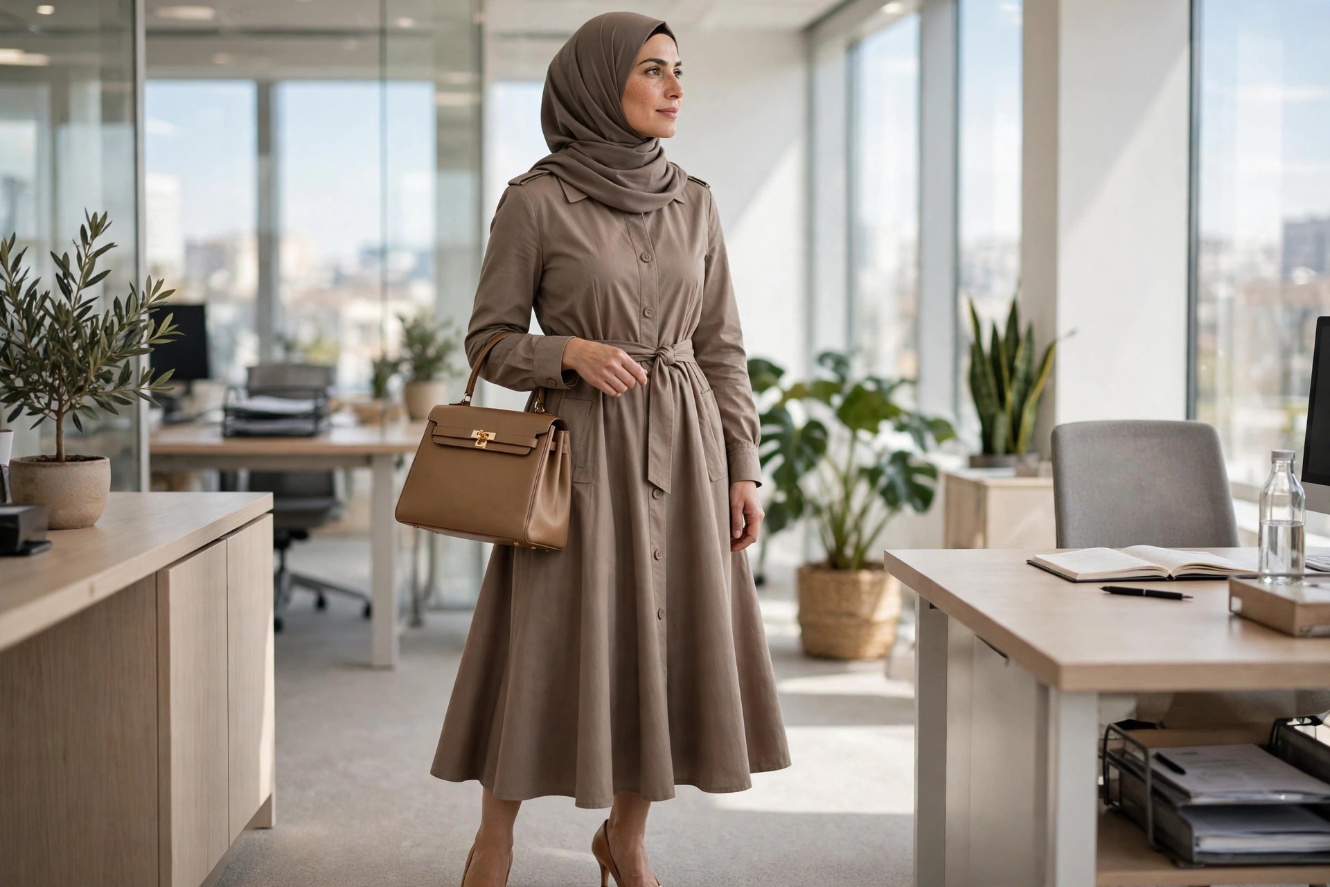 Hijabi woman in a taupe belted trench-style dress with a structured handbag in an office