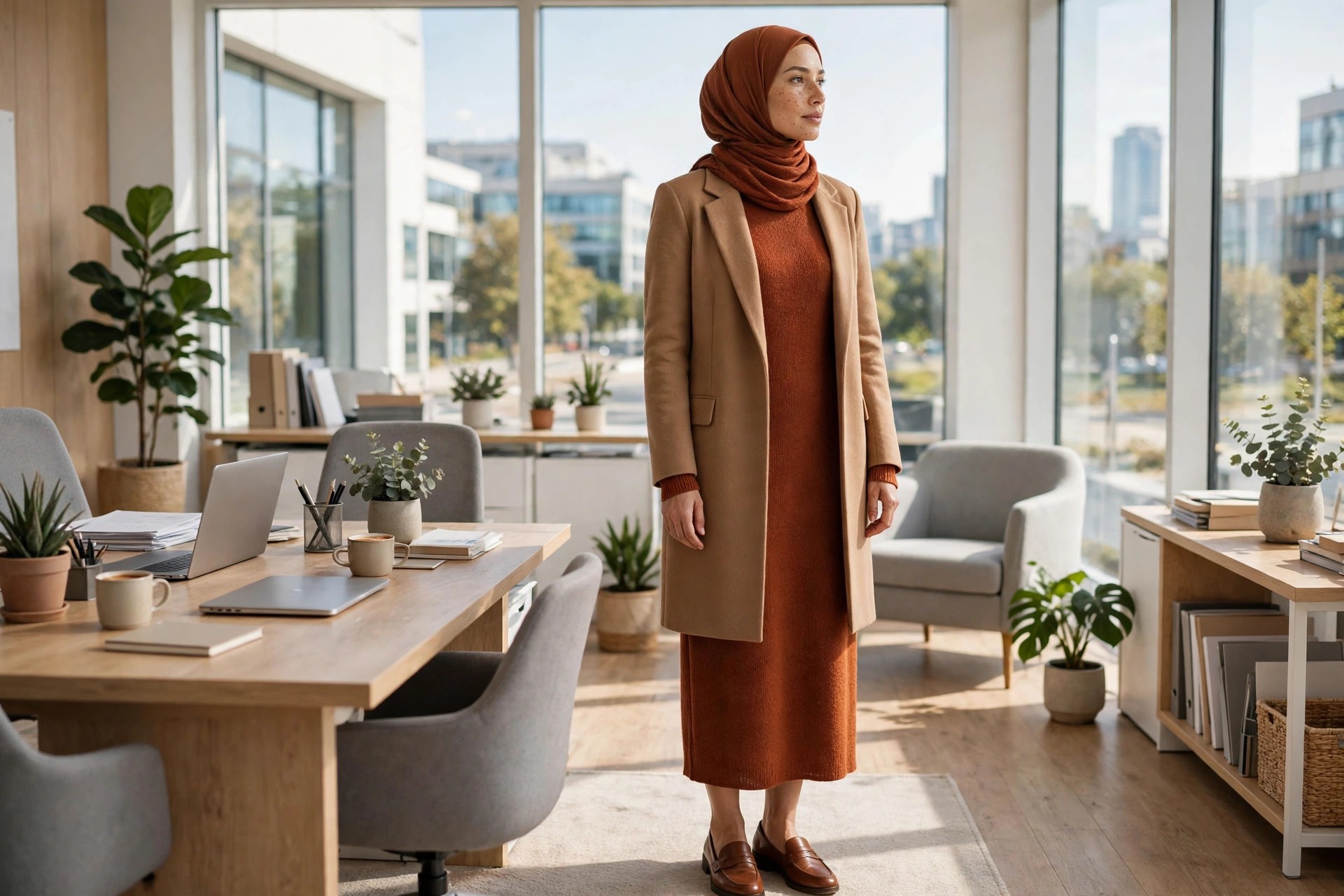 Hijabi woman in a rust knit midi dress with a long camel blazer and brown loafers in an office