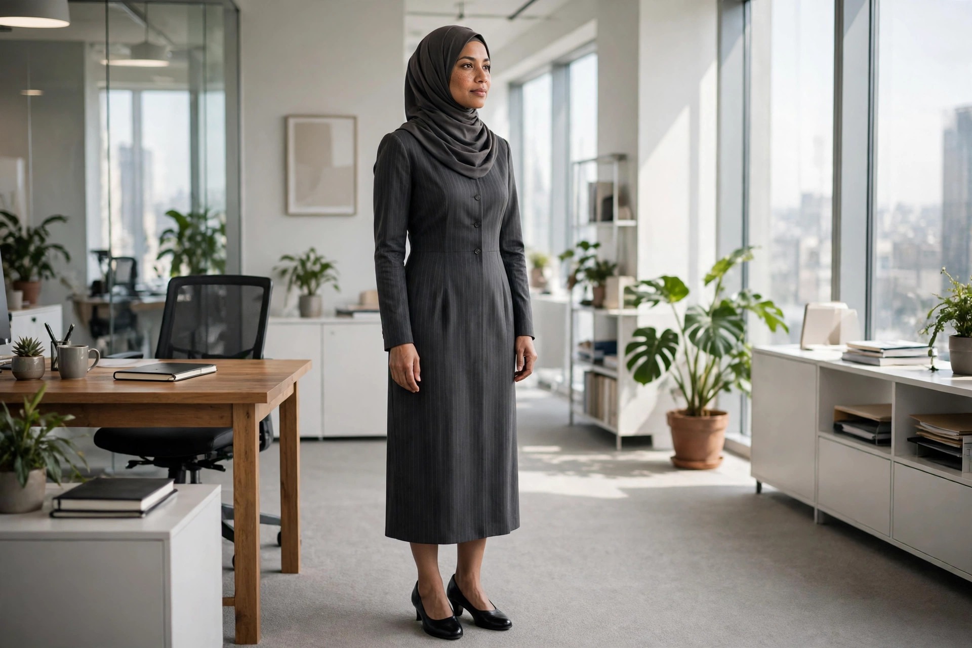 Hijabi woman in a charcoal pinstripe dress with long sleeves and a below-knee hem in a formal office
