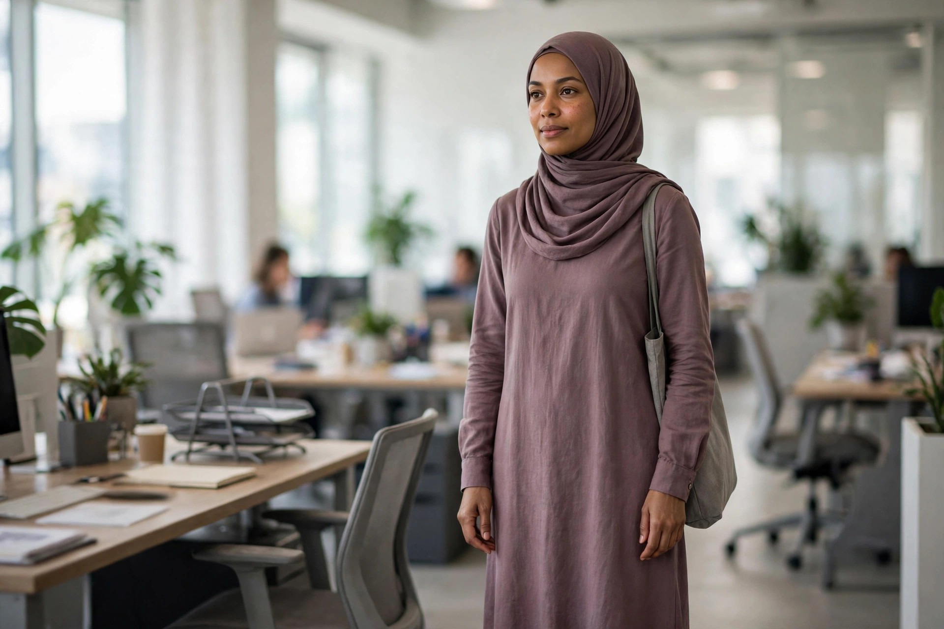 Hijabi woman in a muted mauve midi dress with long sleeves and a grey tote in an open-plan office