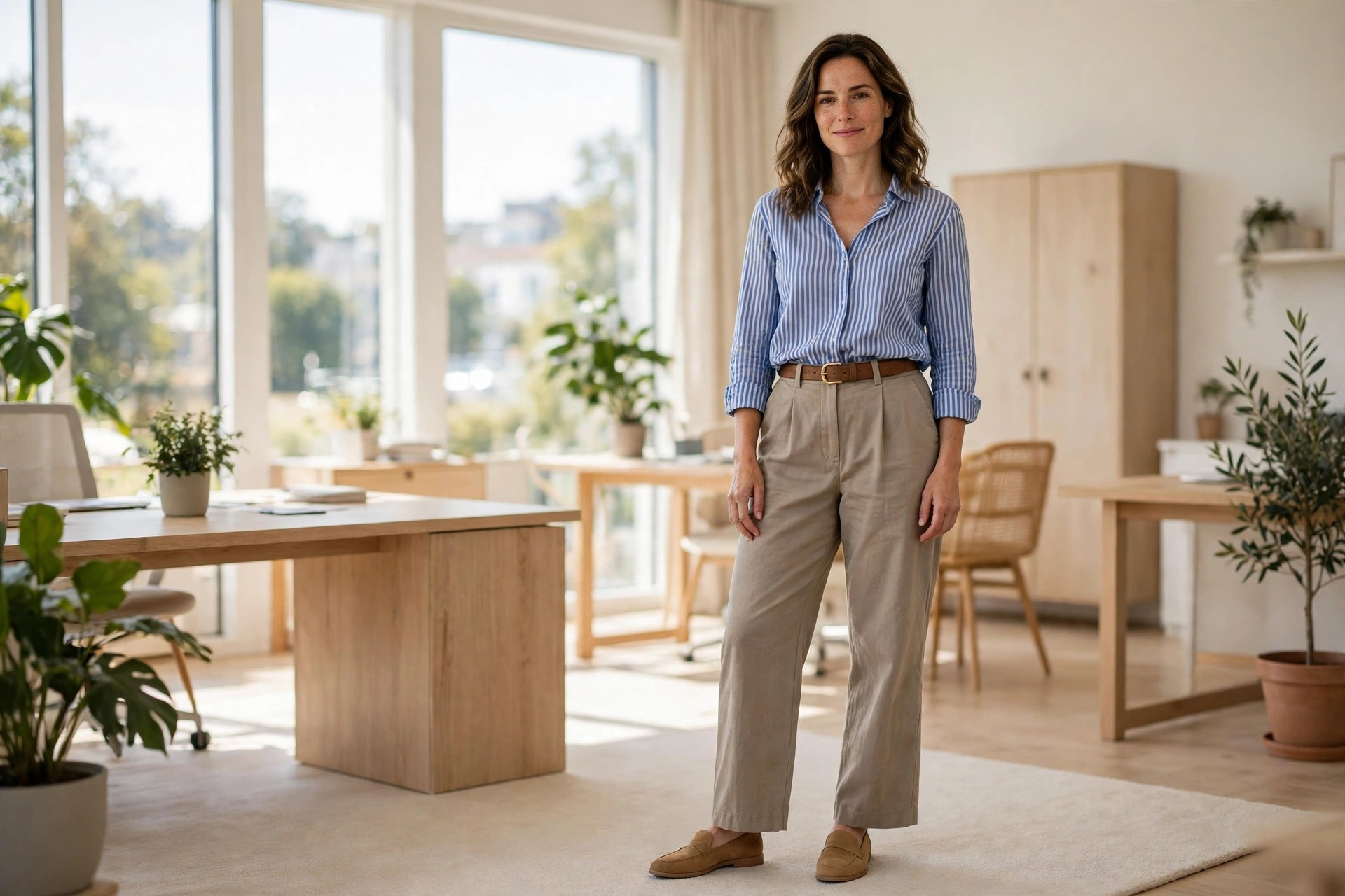 Woman wearing stone wide leg trousers with a blue and white striped cotton shirt, a brown belt and tan loafers in a bright office