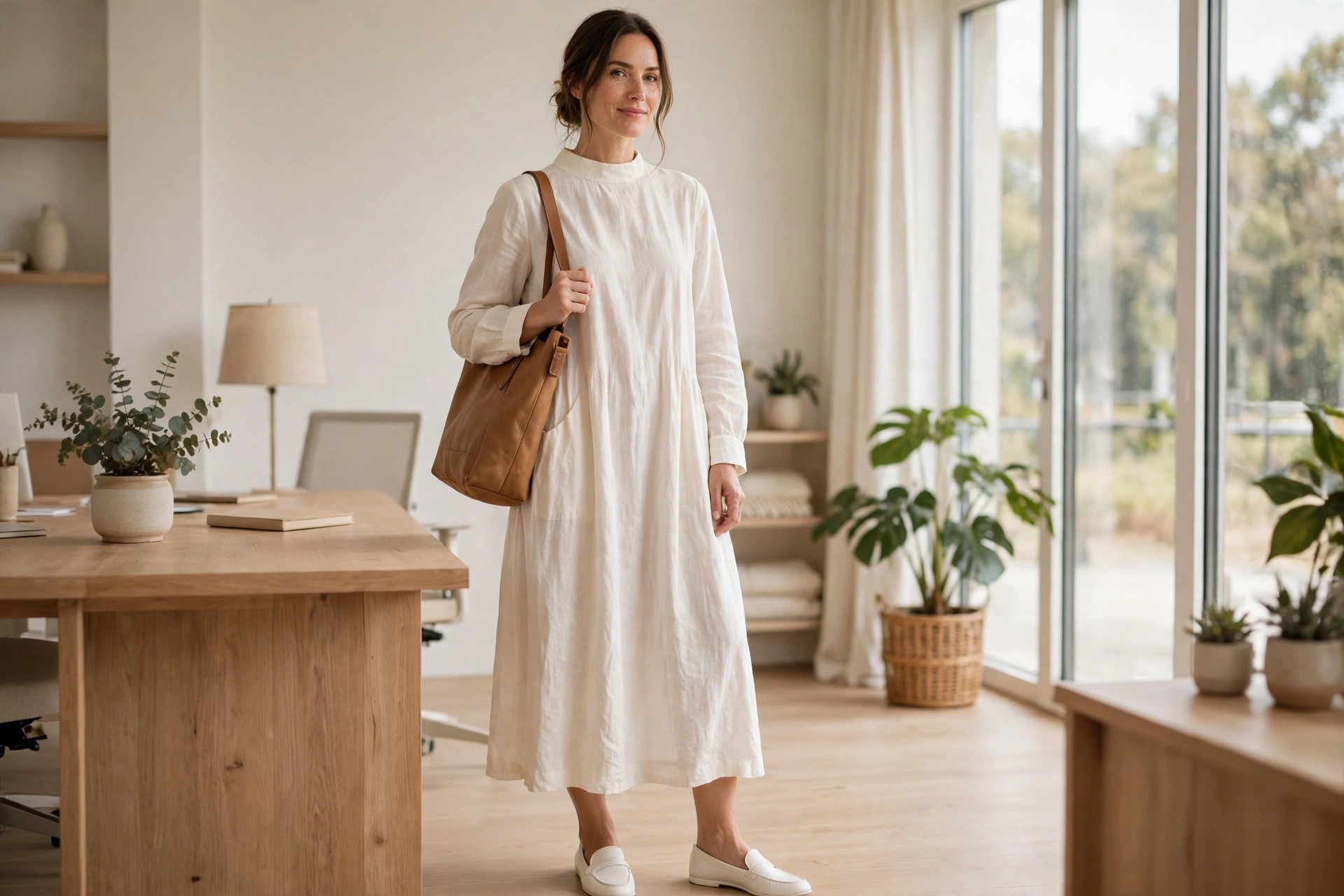 Woman wearing an ivory loose cotton dress with long sleeves, a high neck, white loafers and a tan bag in a bright office