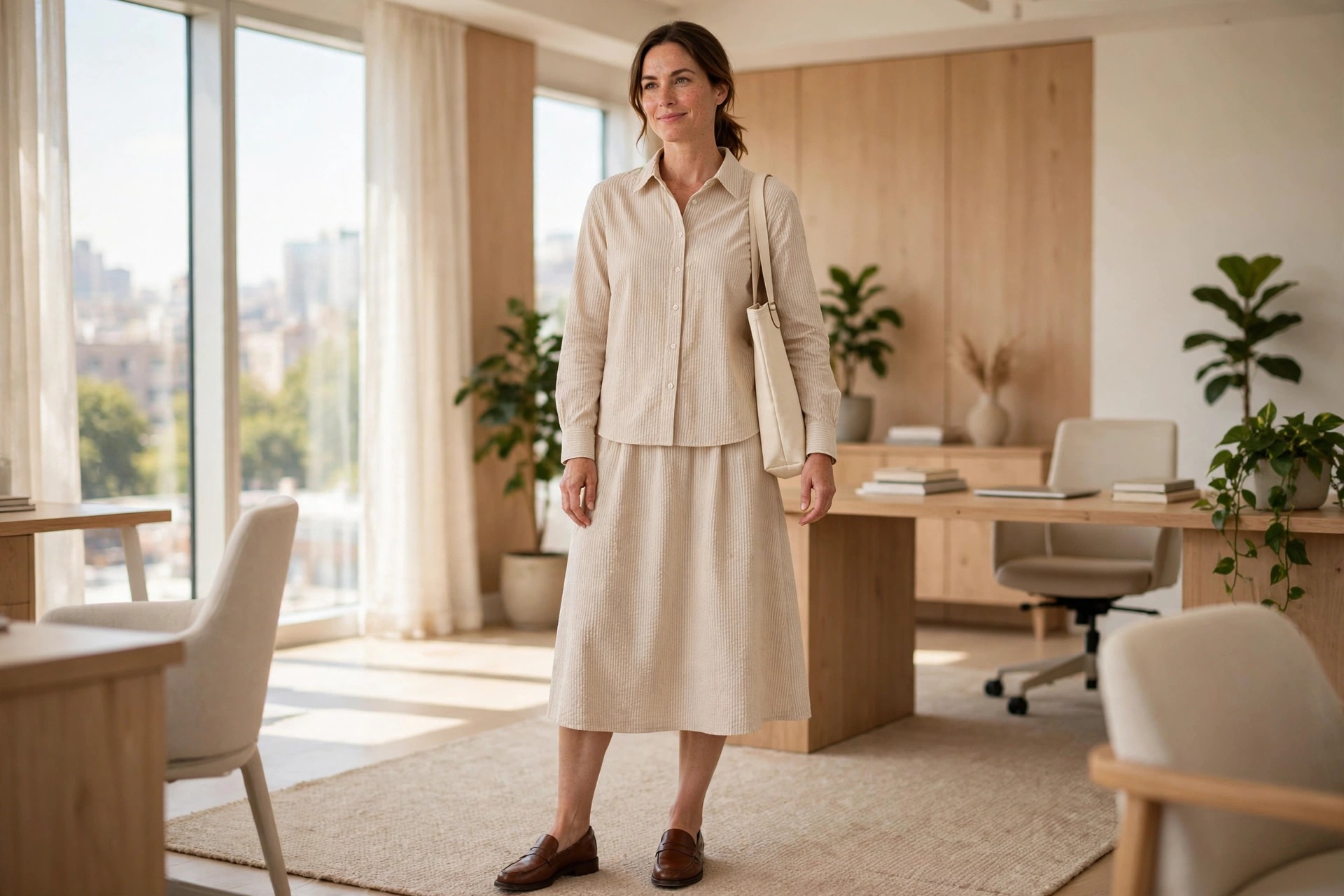 Woman wearing a beige seersucker shirt and midi skirt set with long sleeves, brown loafers and a cream bag in a bright office