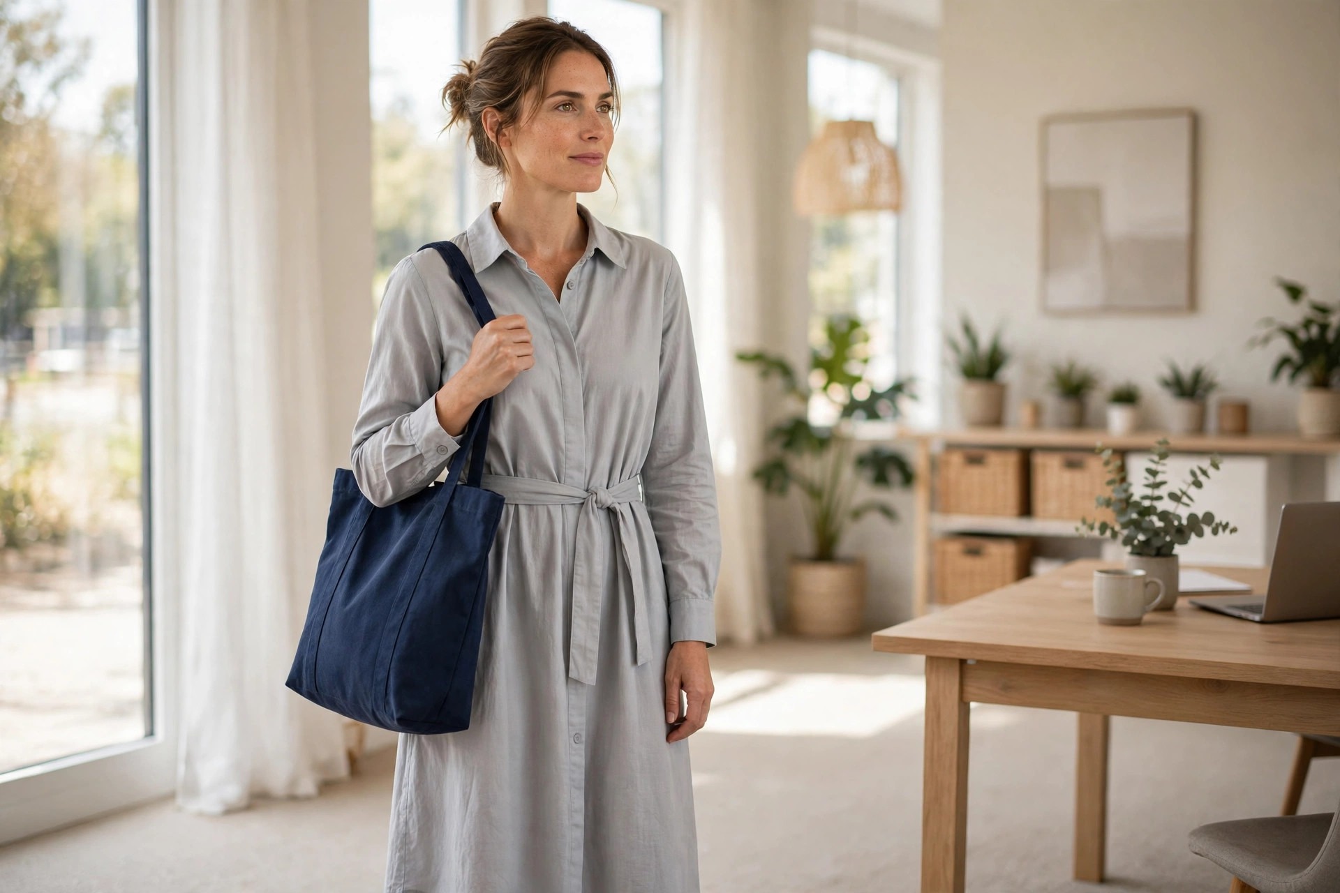 Woman wearing a light gray cotton shirt dress with long sleeves, a matching fabric belt and a navy tote in a bright office